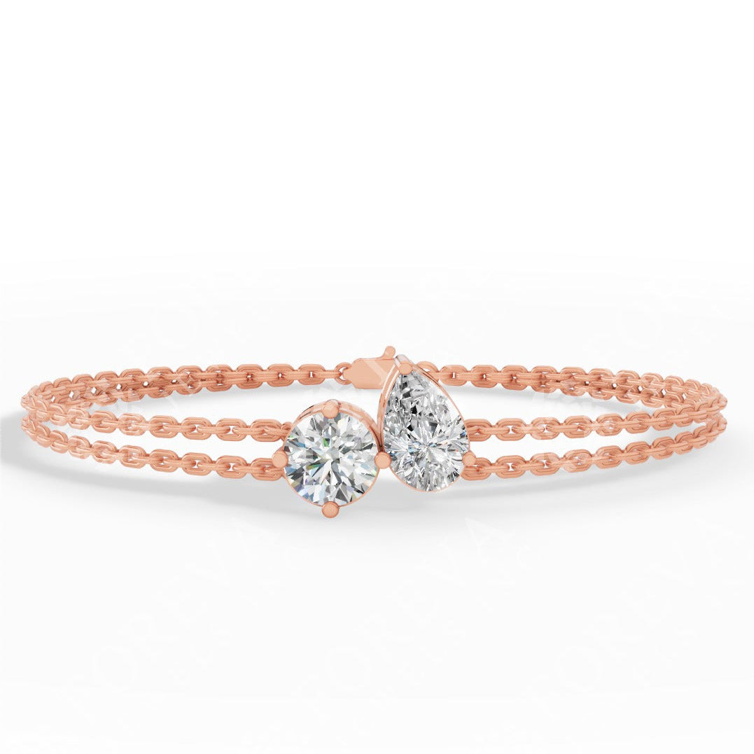 Toi Et Moi Pear & Round Cut Diamond Delicate Double-Strand Bracelet 14k rose gold