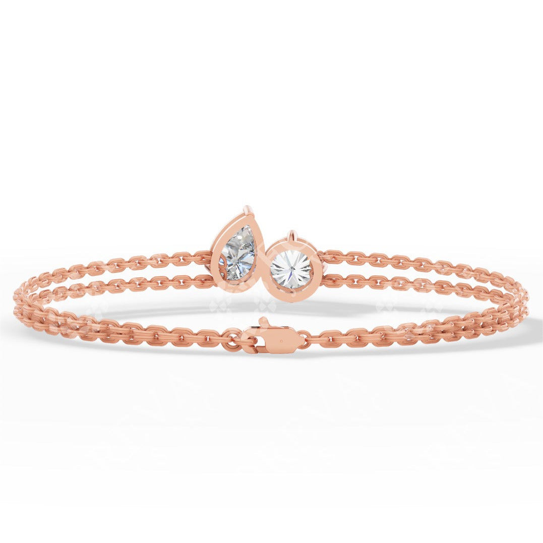 Toi Et Moi Pear & Round Cut Diamond Delicate Double-Strand Bracelet rose gold back