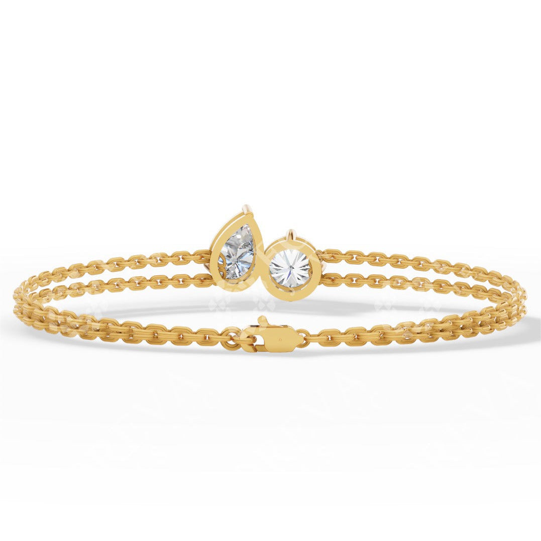 Toi Et Moi Pear & Round Cut Diamond Delicate Double-Strand Bracelet yellow gold back