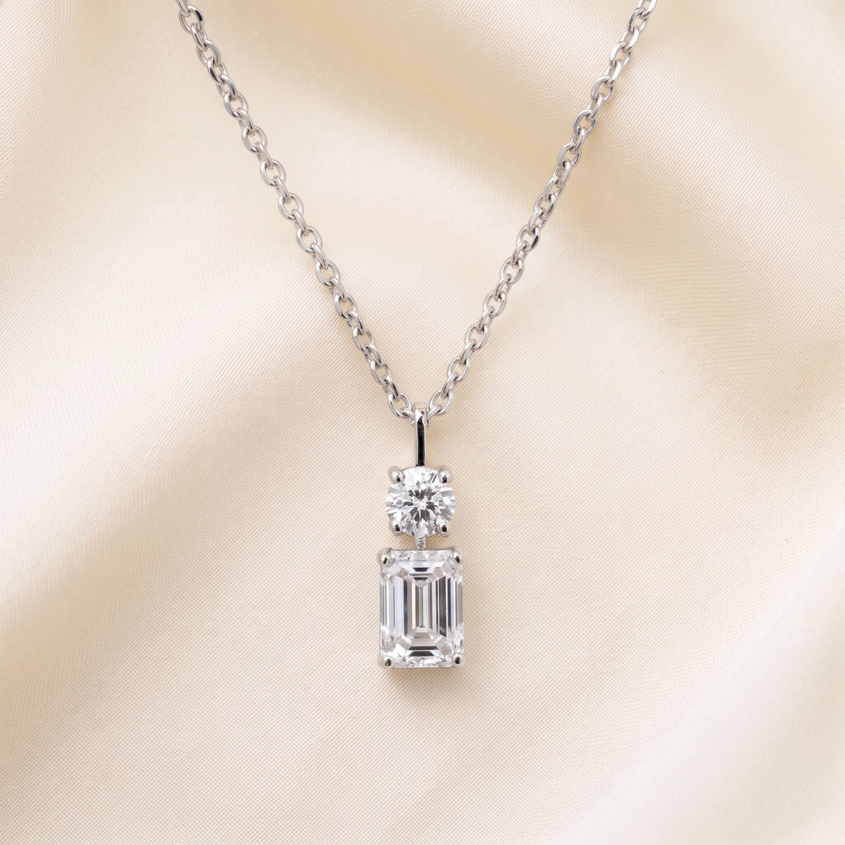 Toi-Et-Moi Pendant Necklace With Round & Emerald Cut 10K White Gold 1 CTW