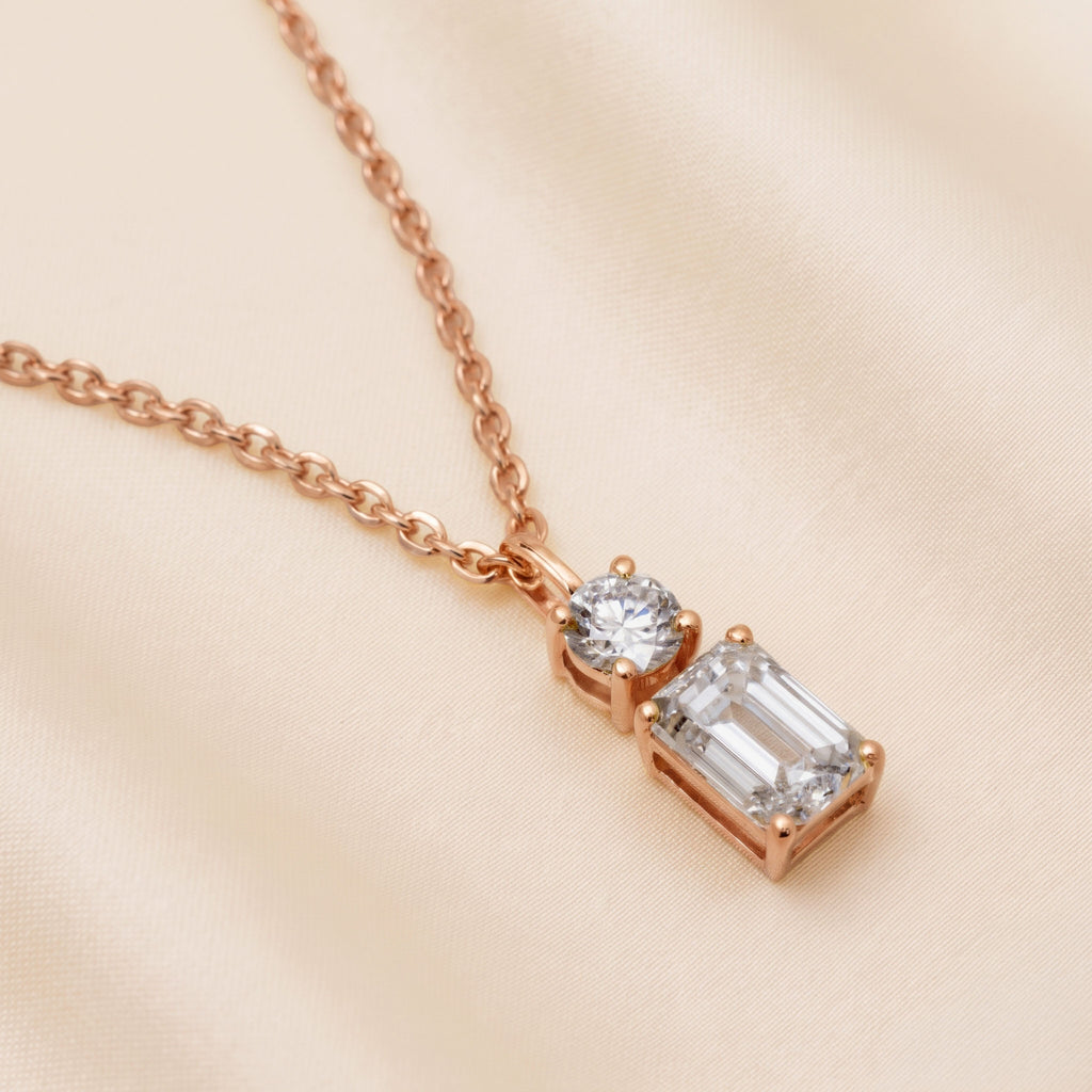 Toi-Et-Moi Pendant Necklace With Round & Emerald Cut 14K Rose Gold 1 CTW