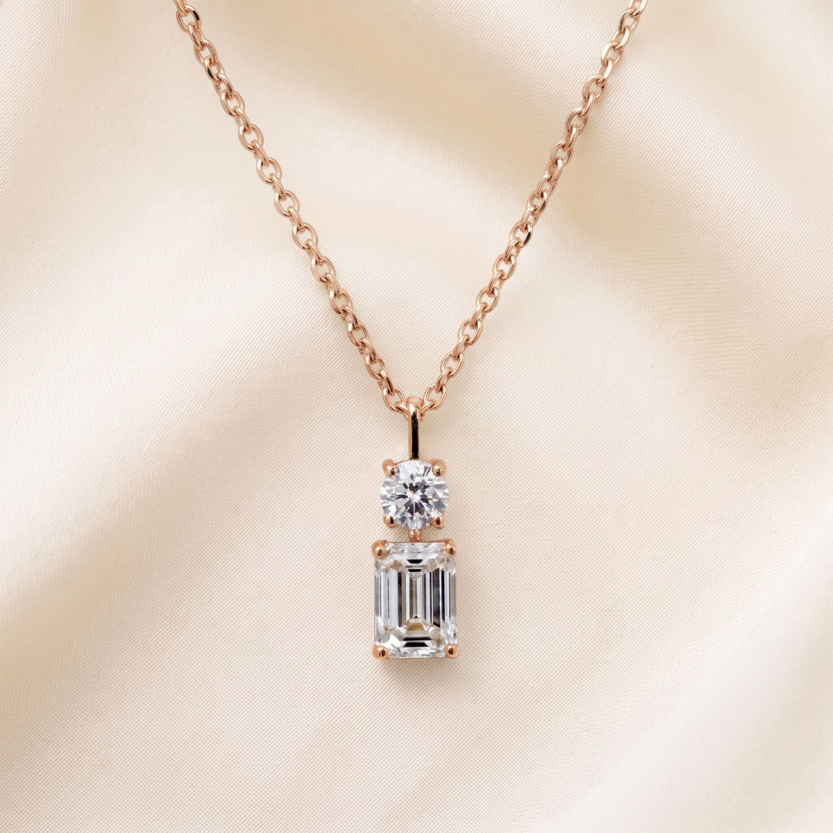 Toi-Et-Moi Pendant Necklace With Round & Emerald Cut 14K Rose Gold 1 CTW