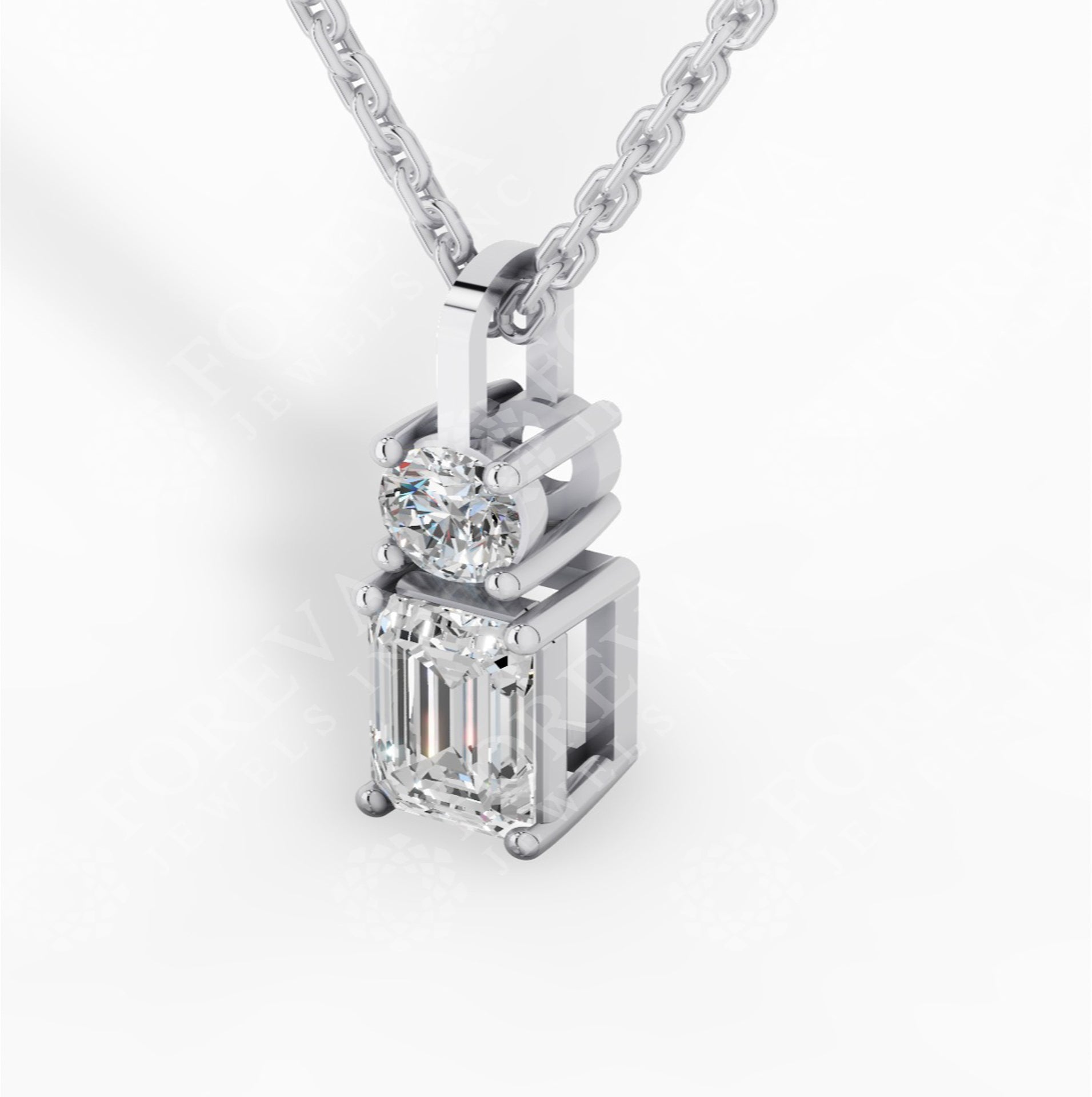 Toi-Et-Moi Pendant Necklace With Round & Baguette Cut 14K White Gold 1 CTW