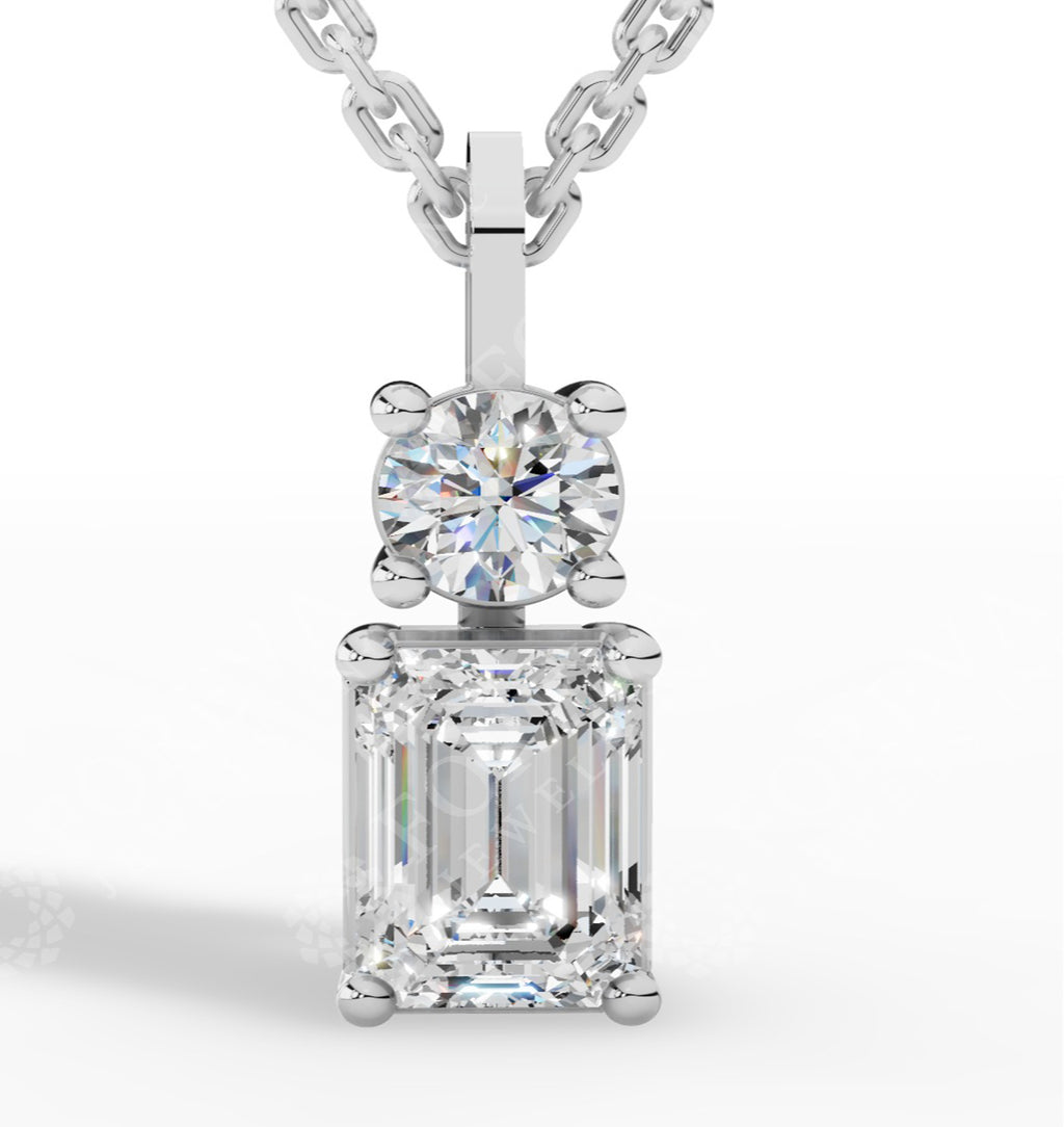 Toi-Et-Moi Pendant Necklace With Round & Baguette Cut 14K White Gold 1 CTW