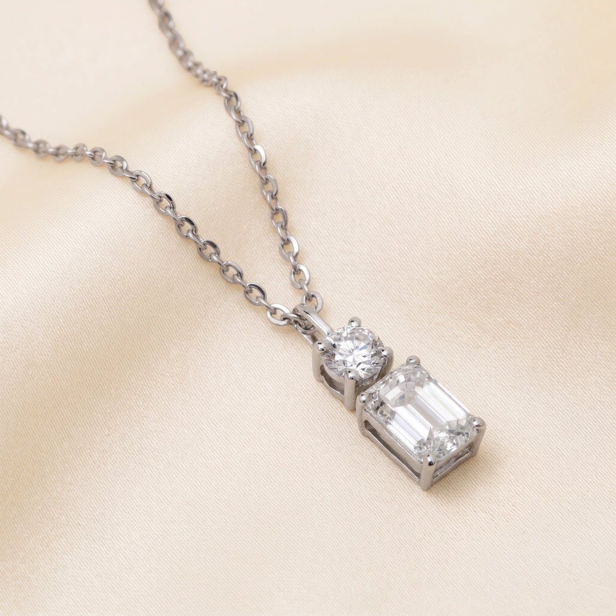 Toi-Et-Moi Pendant Necklace With Round & Emerald Cut 14K White Gold 1 CTW