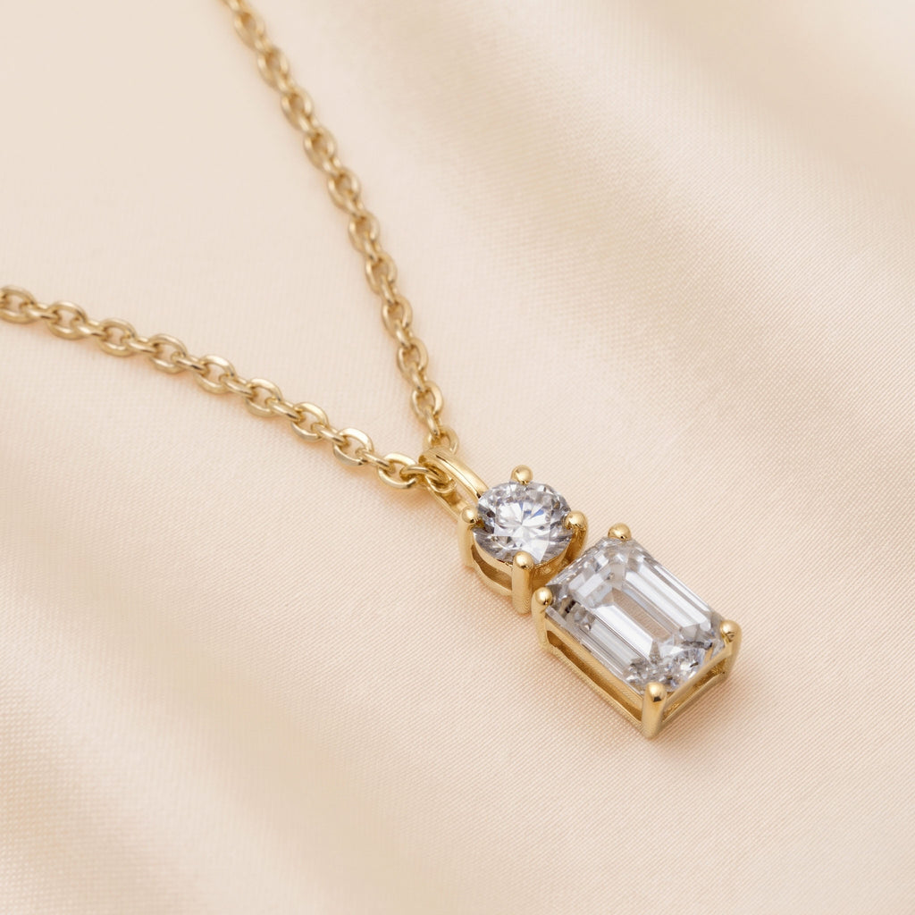 Toi-Et-Moi Pendant Necklace With Round & Emerald Cut 14K Yellow Gold 1 CTW