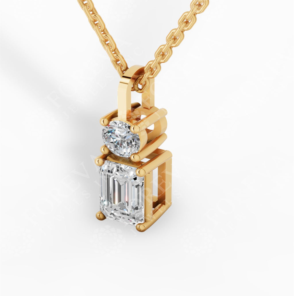 Toi-Et-Moi Pendant Necklace With Round & Baguette Cut 18K Yellow Gold 1 CTW