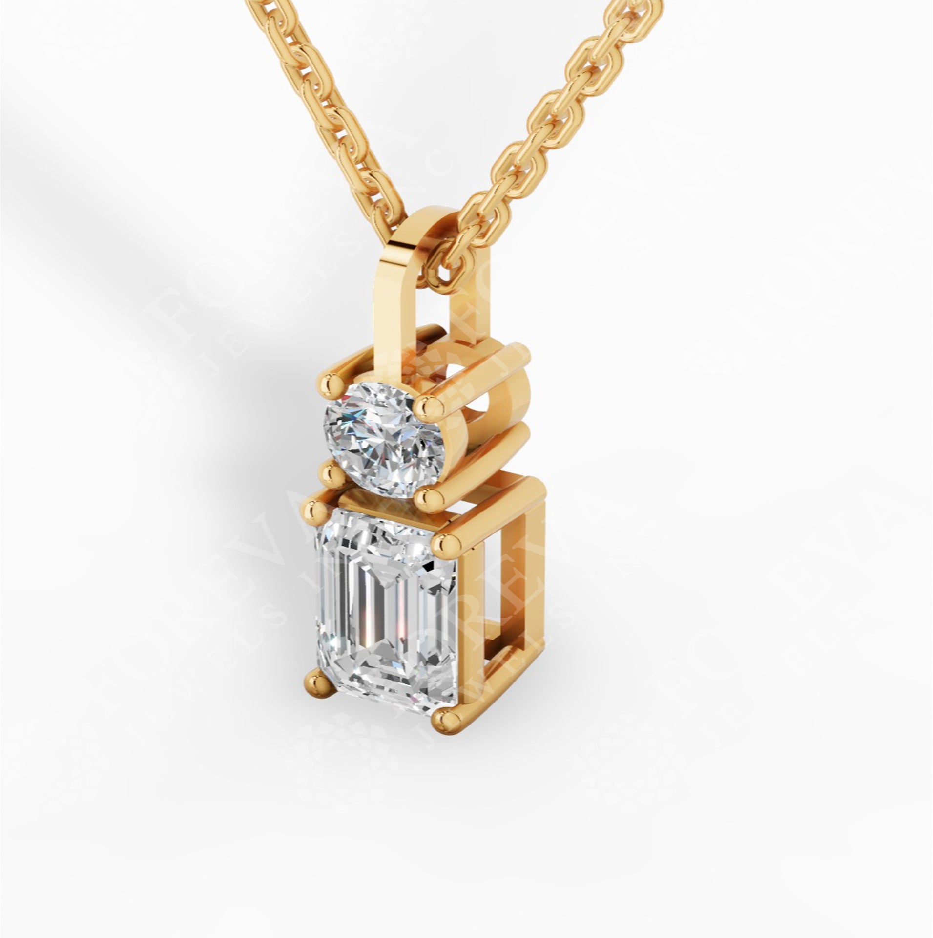 Toi-Et-Moi Pendant Necklace With Round & Baguette Cut 18K Yellow Gold 1 CTW