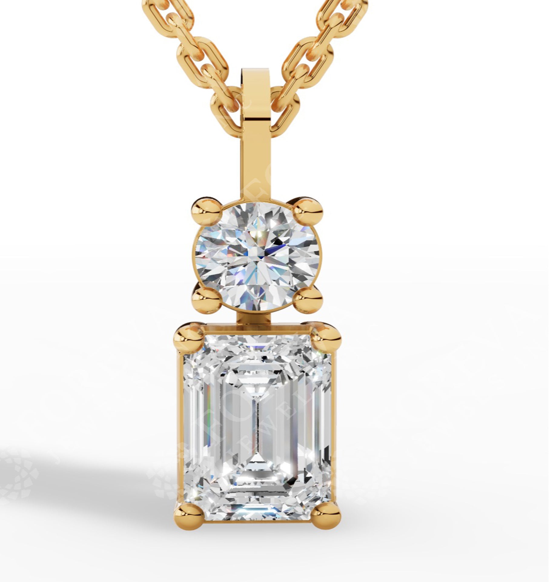 Toi-Et-Moi Pendant Necklace With Round & Baguette Cut 18K Yellow Gold 1 CTW