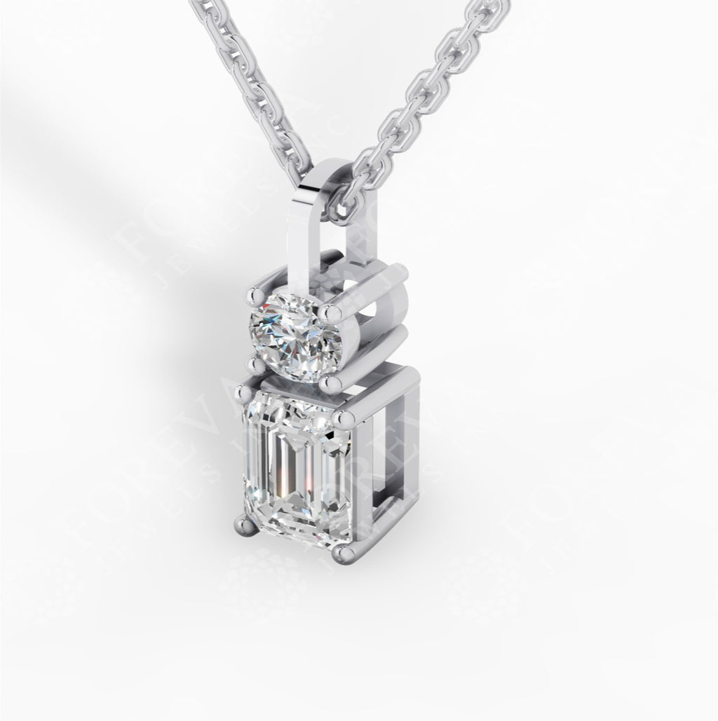 Toi-Et-Moi Pendant Necklace With Round & Baguette Cut 925 Sterling Silver 1 CTW