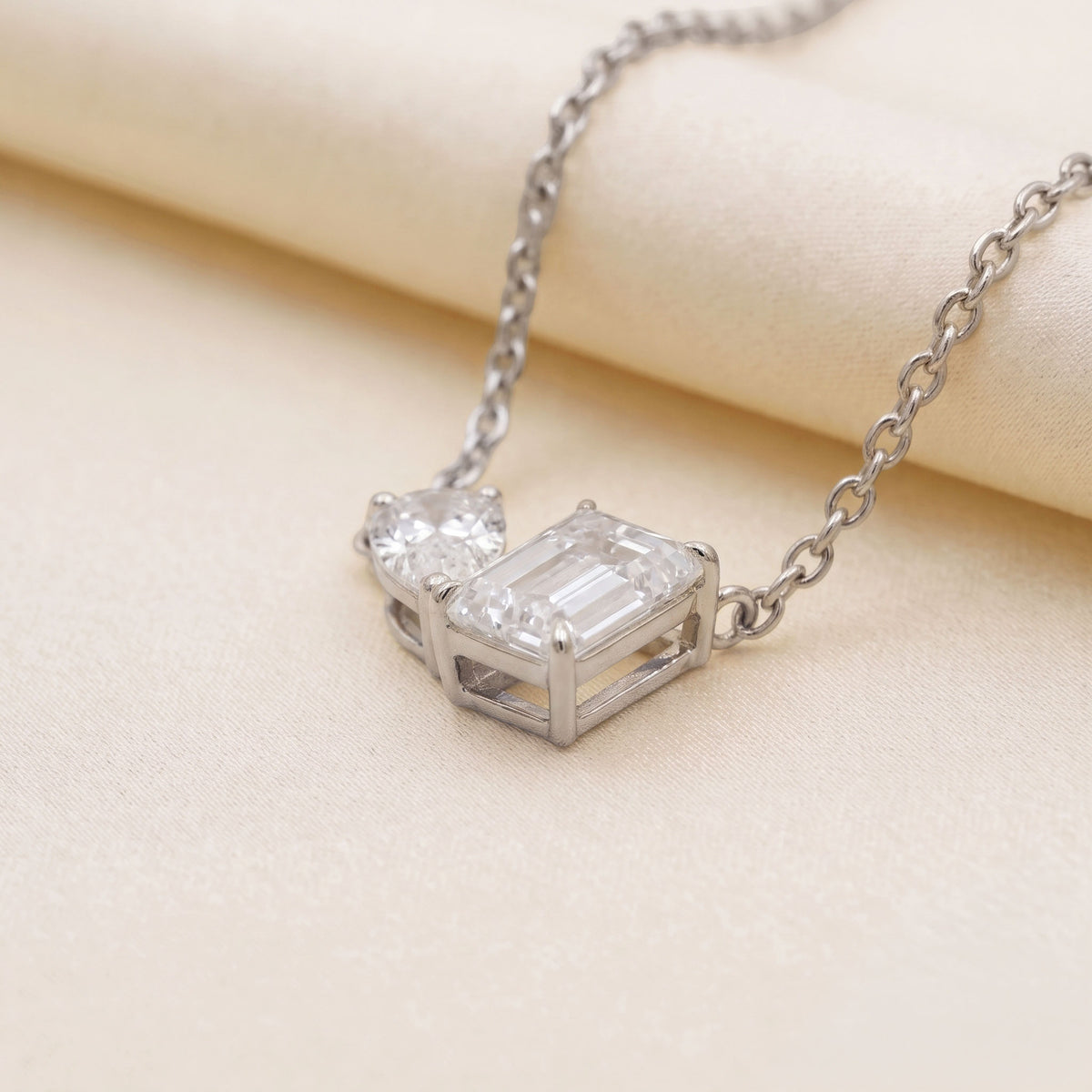 Toi Et Moi Pendant With Pear & Emerald Cut With Chain 10K White Gold 1.3 CTW