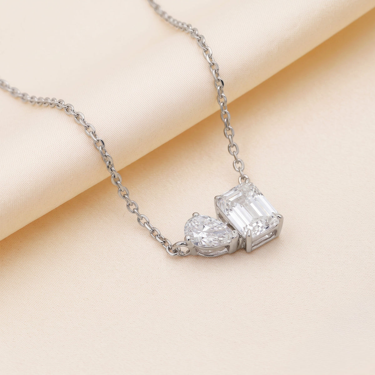 Toi Et Moi Pendant With Pear & Emerald Cut With Chain 10K White Gold 1.3 CTW