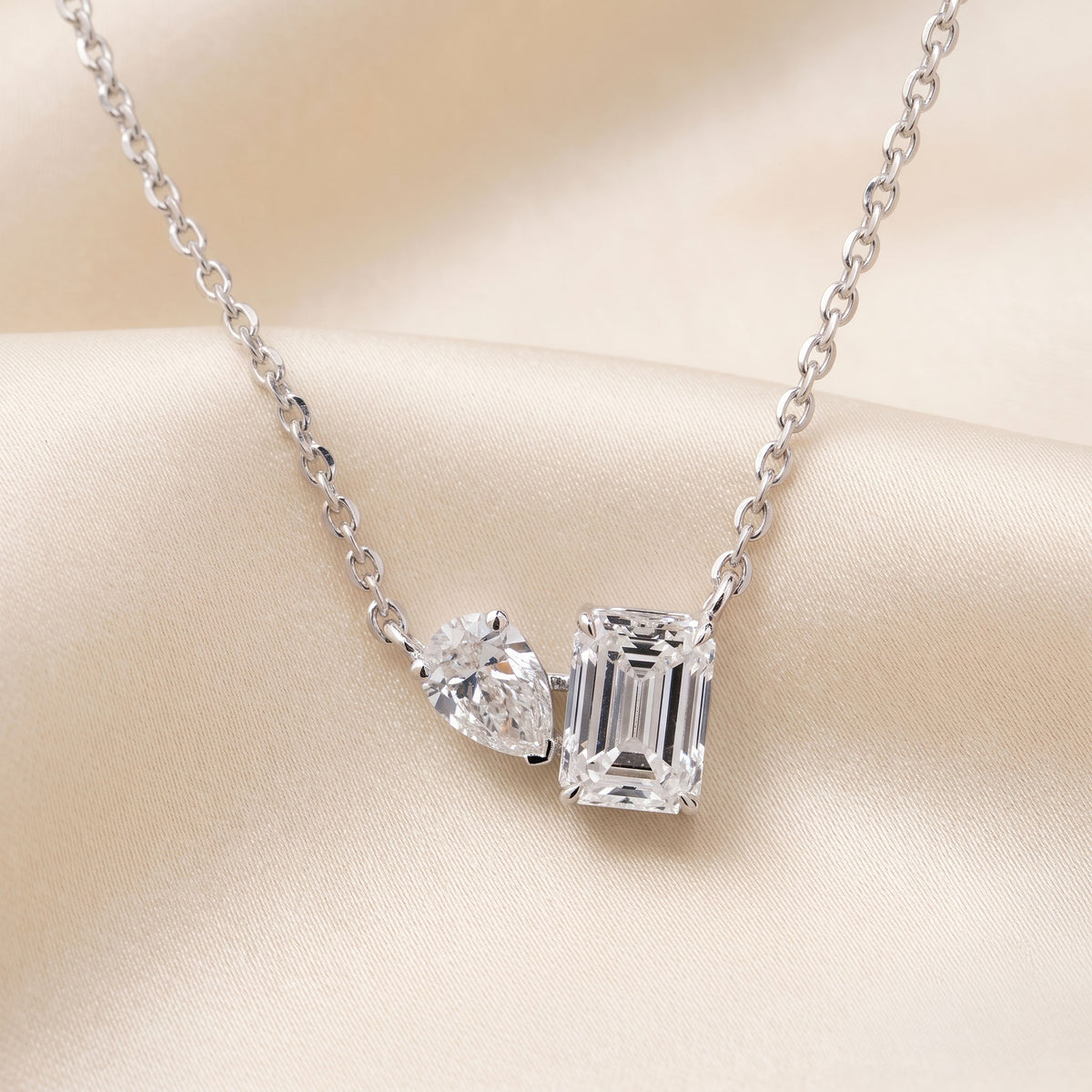 Toi Et Moi Pendant With Pear & Emerald Cut With Chain 10K White Gold 1.3 CTW