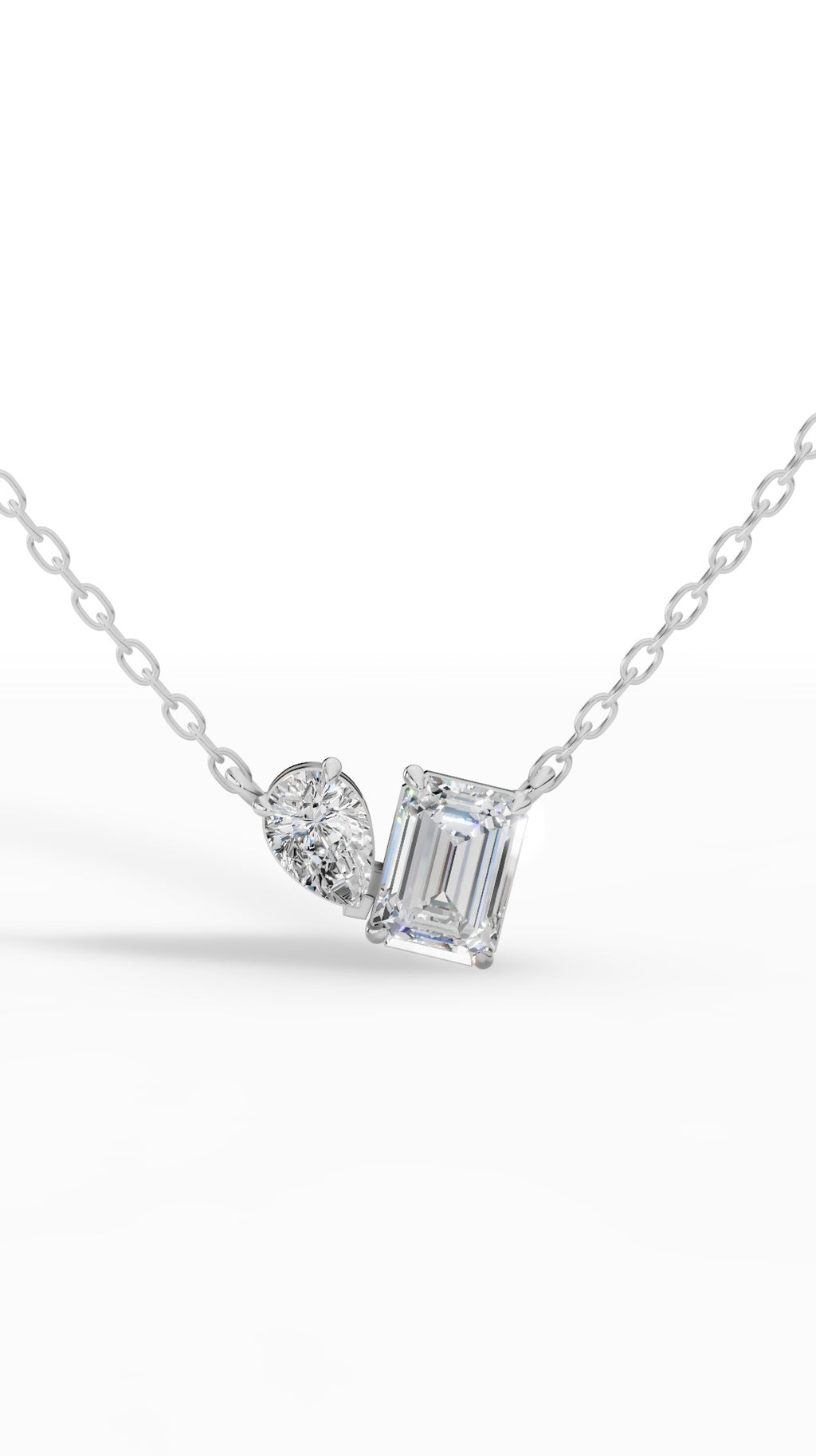 Toi Et Moi Pendant With Pear & Emerald Cut With Chain 10K White Gold 1.5 CTW
