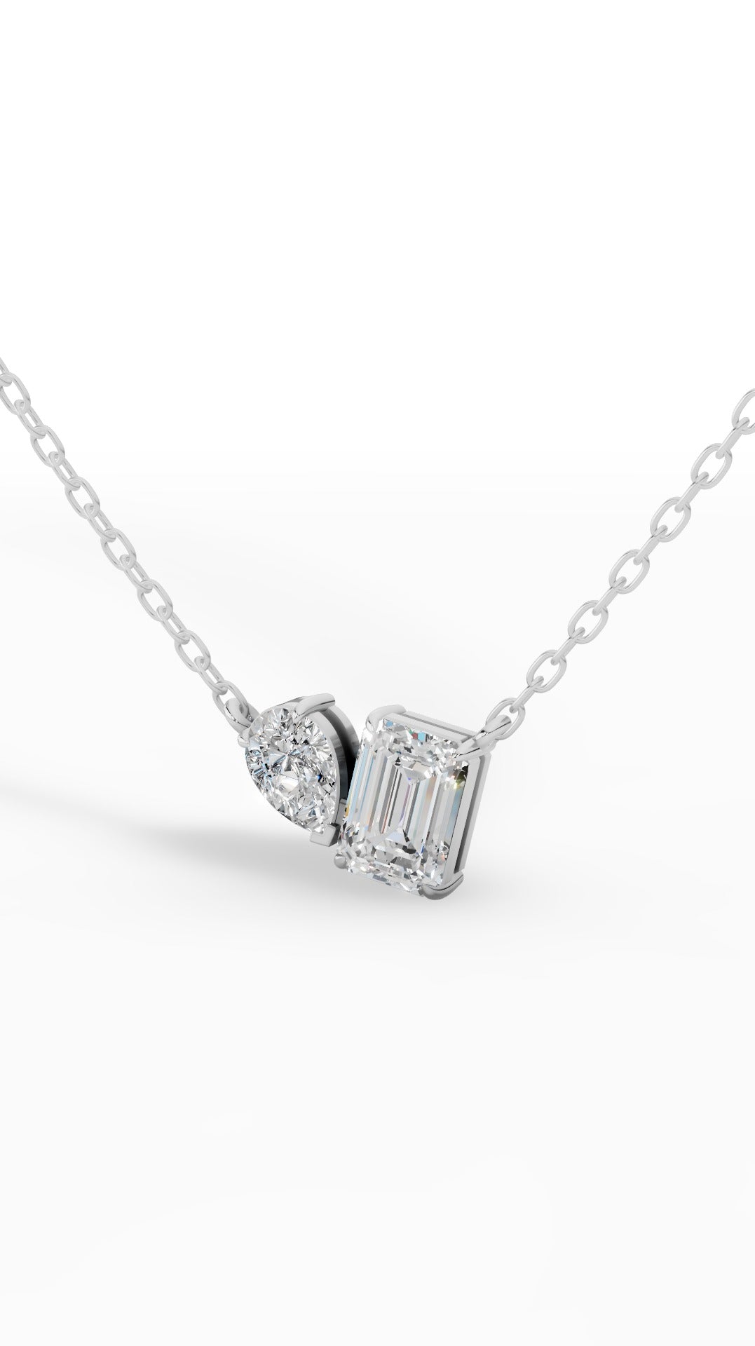 Toi Et Moi Pendant With Pear & Emerald Cut With Chain 14K White Gold 1.5 CTW