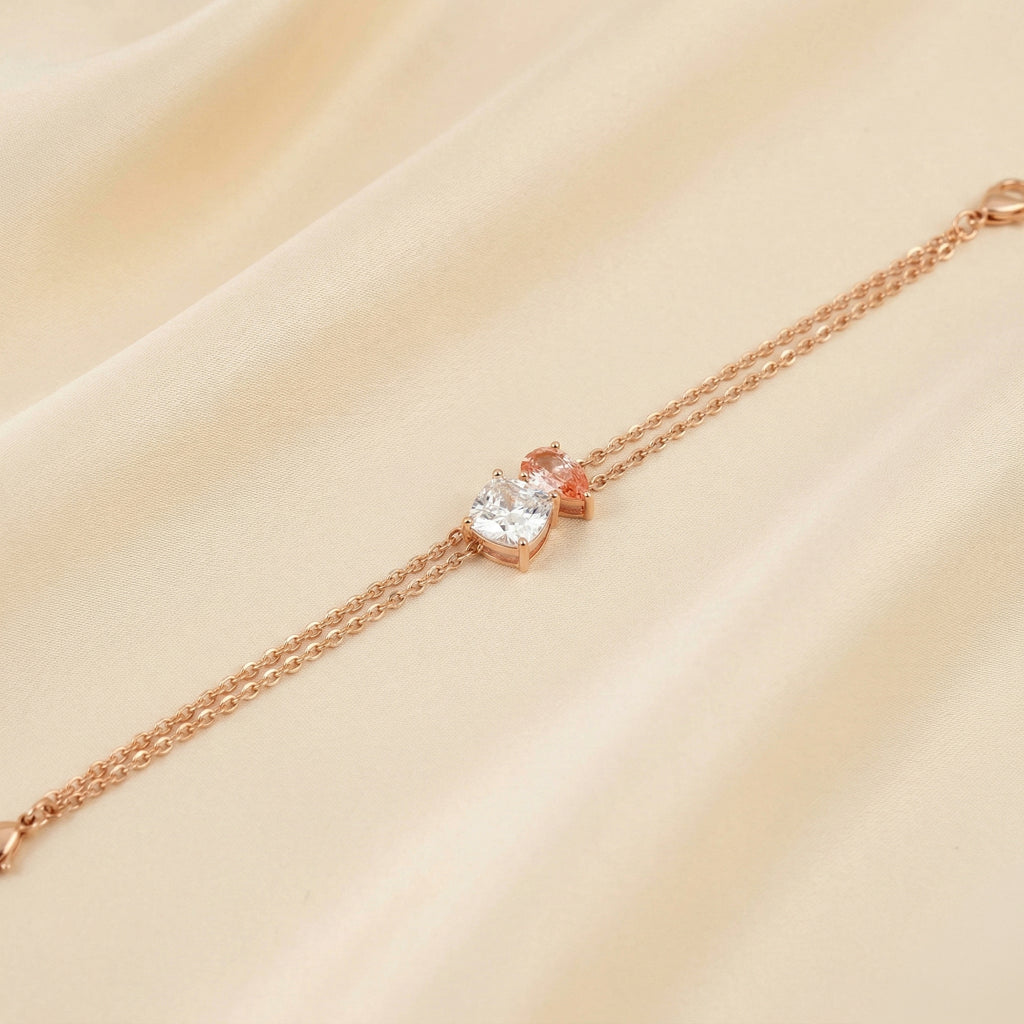 Toi Et Moi Two Tone Cushion With Pink Pear Cut Delicate Double-Chain Bracelet Lab Grown Diamonds 10K Rose Gold 1.5 CTW