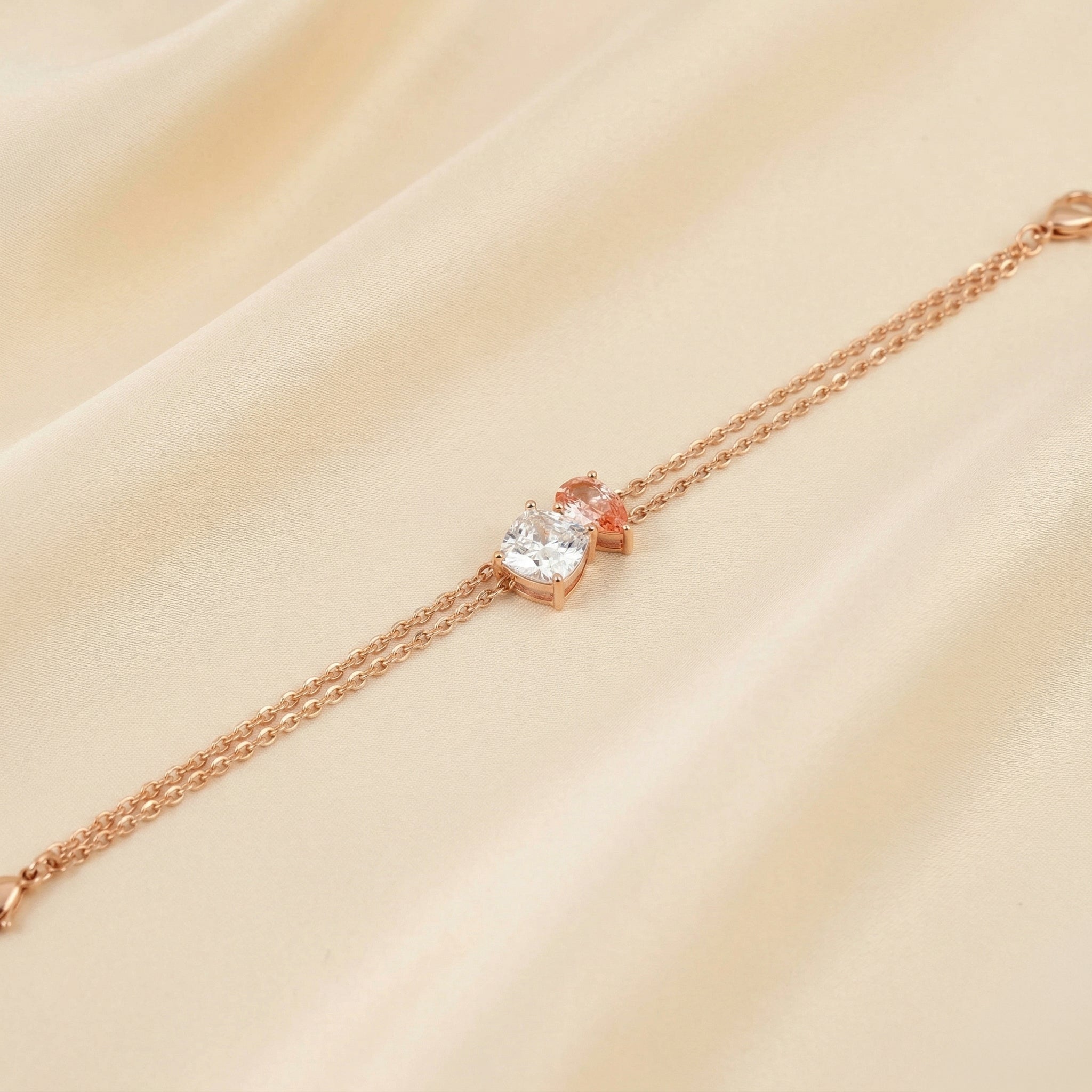 Toi Et Moi Two Tone Cushion With Pink Pear Cut Delicate Double-Chain Bracelet Lab Grown Diamonds 10K Rose Gold 1.5 CTW