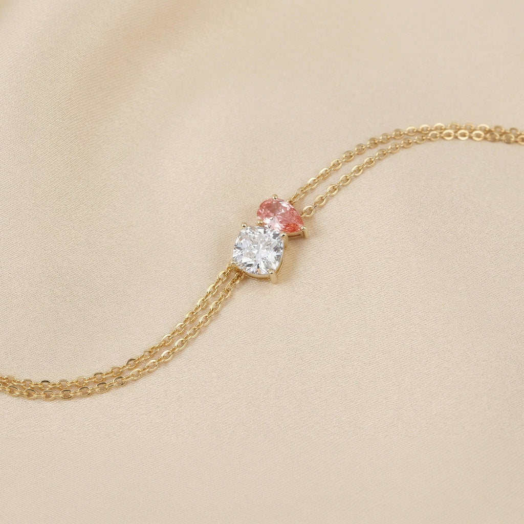 Toi Et Moi Two Tone Cushion With Pink Pear Cut Delicate Double-Chain Bracelet Lab Grown Diamonds 14K Yellow Gold 1.5 CTW