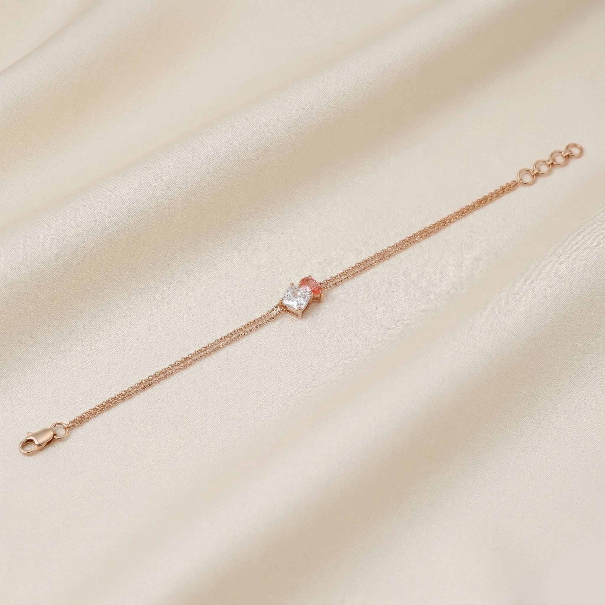 Toi Et Moi Two Tone Cushion With Pink Pear Cut Delicate Double-Chain Bracelet Lab Grown Diamonds 18K Rose Gold 1.5 CTW
