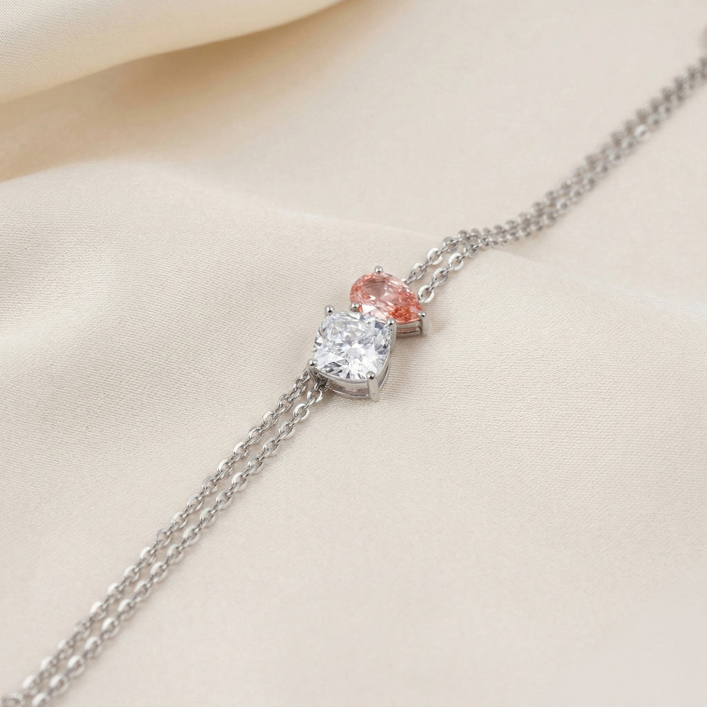 Toi Et Moi Two Tone Cushion With Pink Pear Cut Delicate Double-Chain Bracelet Lab Grown Diamonds 18K White Gold 1.5 CTW