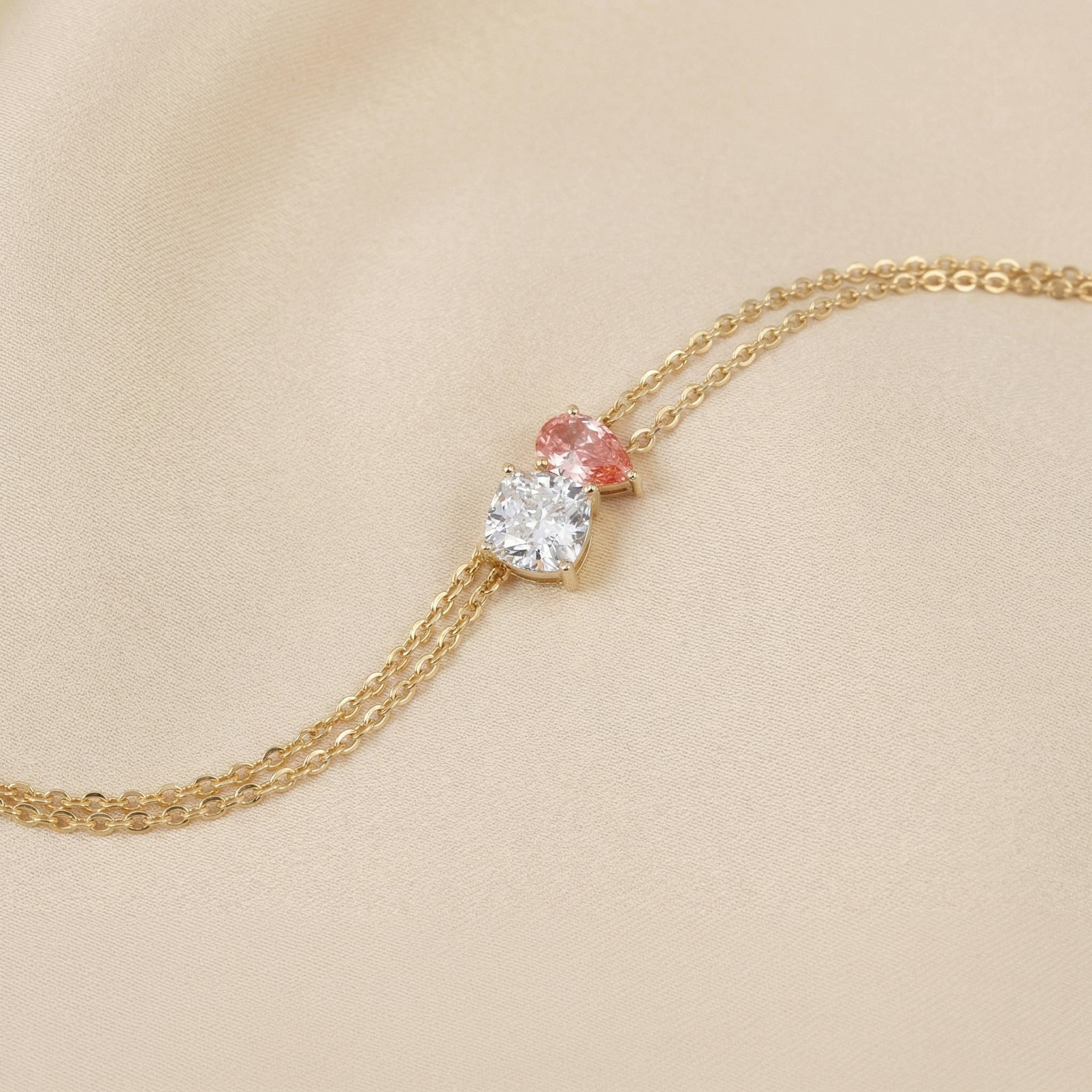Toi Et Moi Two Tone Cushion With Pink Pear Cut Delicate Double-Chain Bracelet Lab Grown Diamonds 18K Yellow Gold 1.5 CTW