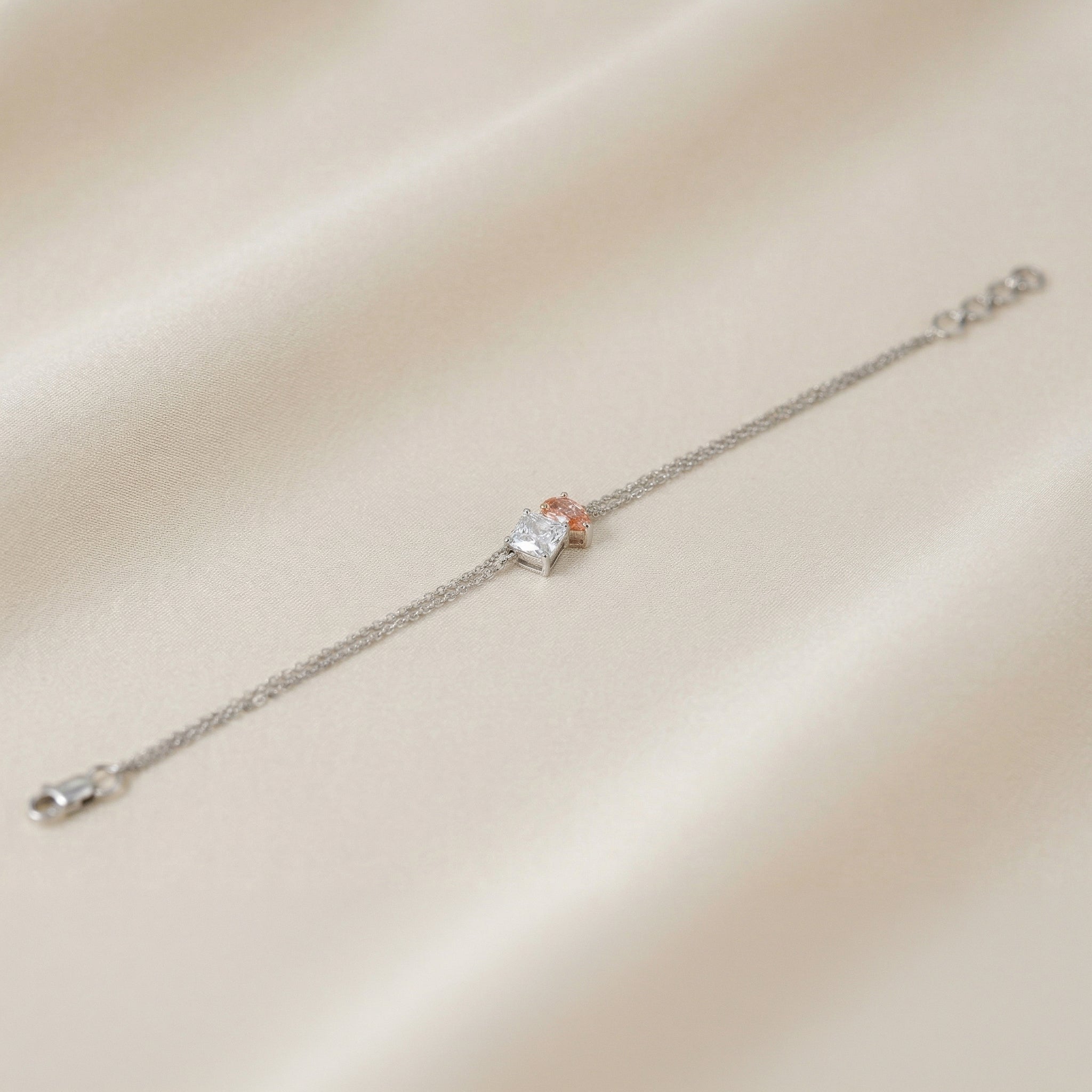 Toi Et Moi Two Tone Cushion With Pink Pear Cut Delicate Double-Chain Bracelet Moissanite and Sterling Silver 1.5 CTW