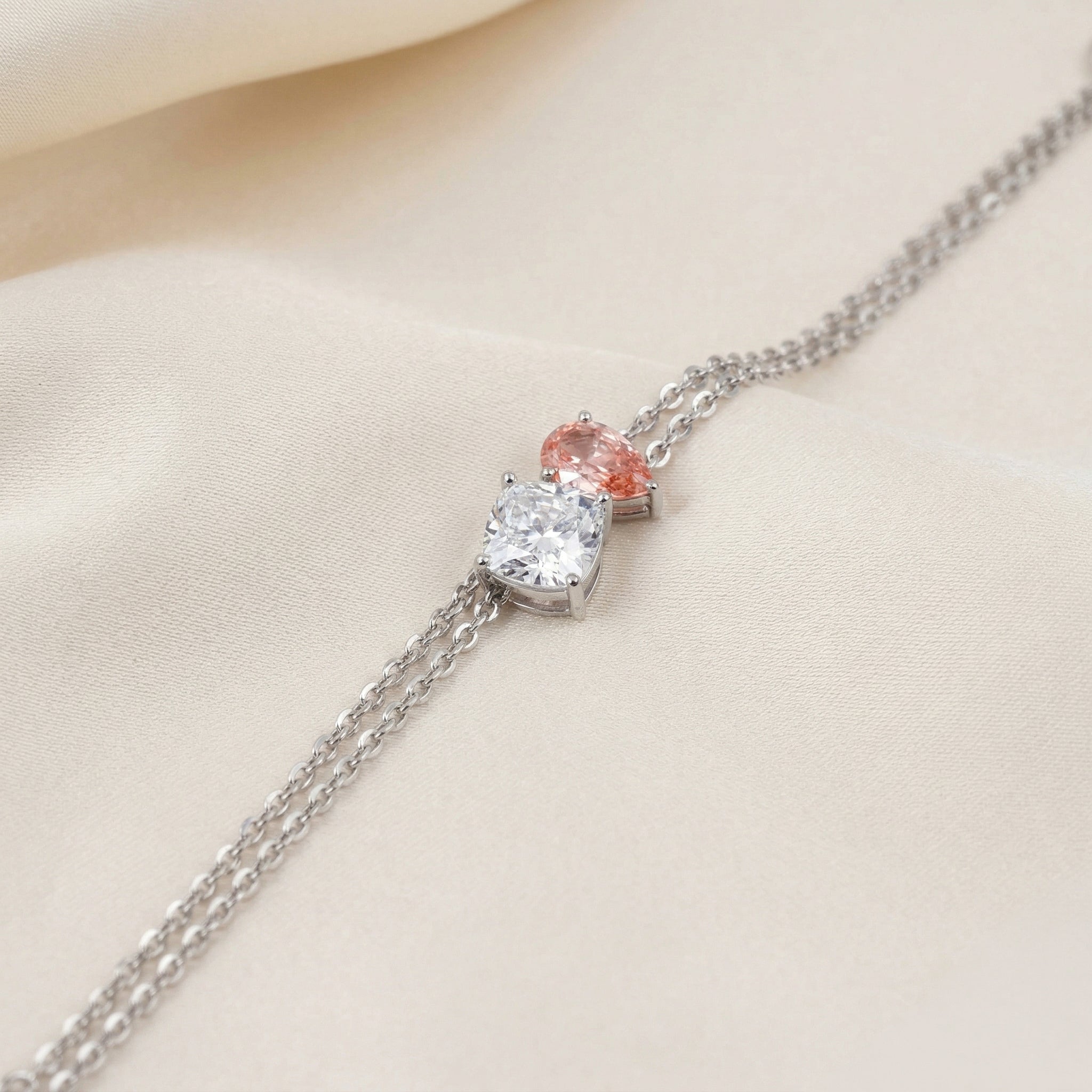 Toi Et Moi Two Tone Cushion With Pink Pear Cut Delicate Double-Chain Bracelet Moissanite and Sterling Silver 1.5 CTW