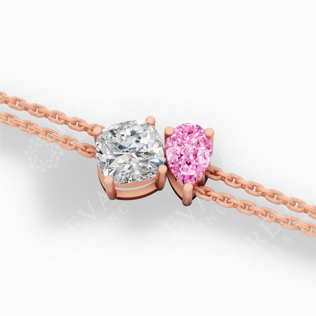 Toi Et Moi Two Tone Cushion With Pink Pear Cut Lab Grown Diamond Delicate Double-Strand Bracelet 18k rose gold