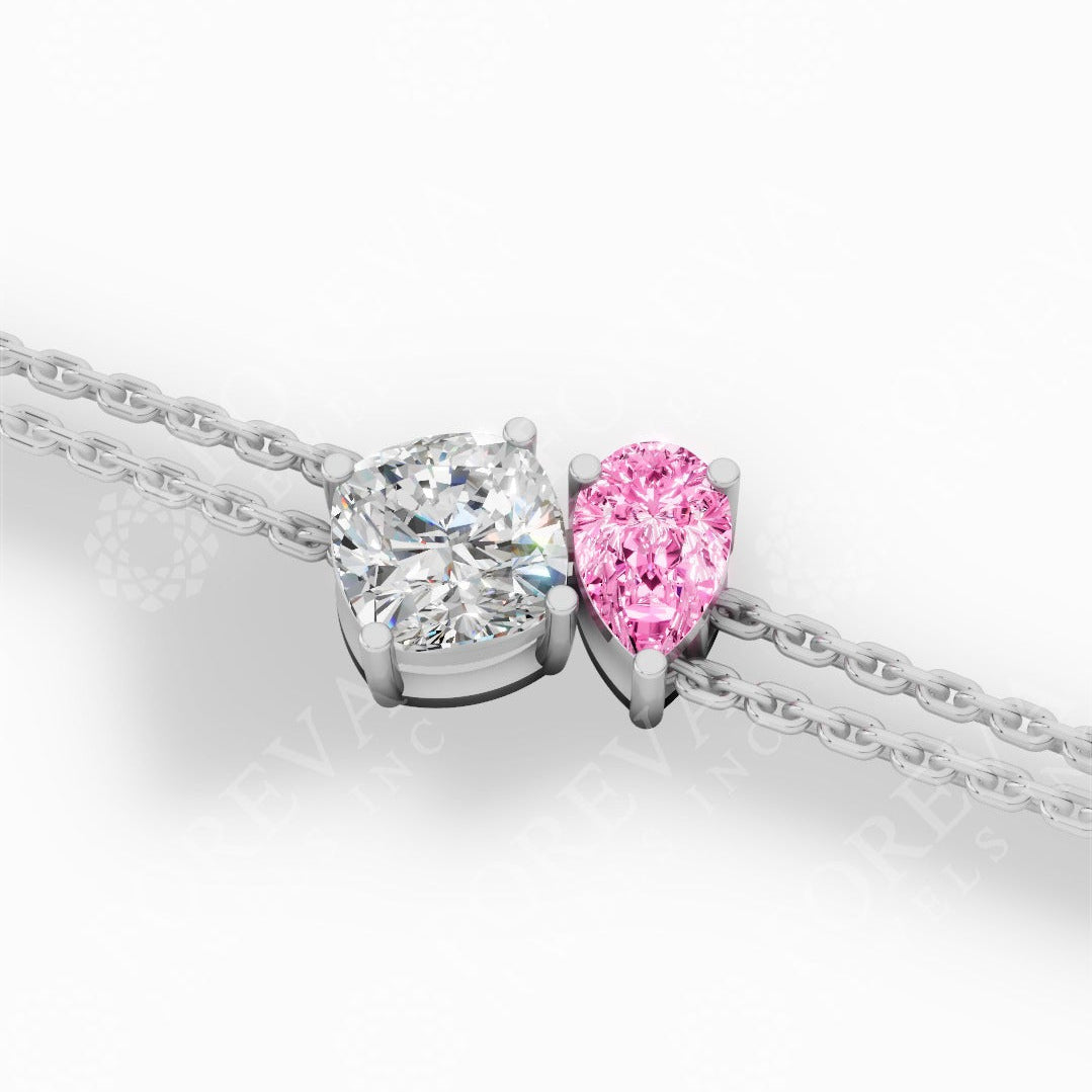 Toi Et Moi Two Tone Cushion With Pink Pear Cut Lab Grown Diamond Delicate Double-Strand Bracelet 18k white gold