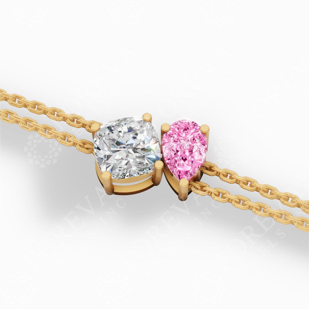 Toi Et Moi Two Tone Cushion With Pink Pear Cut Lab Grown Diamond Delicate Double-Strand Bracelet 18k yellow gold