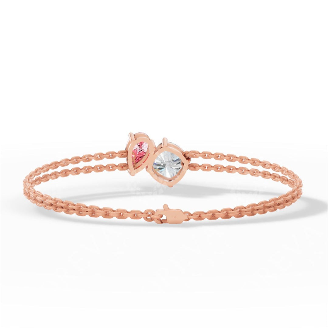 Toi Et Moi Two Tone Cushion With Pink Pear Cut Lab Grown Diamond Delicate Double-Strand Bracelet rose gold back