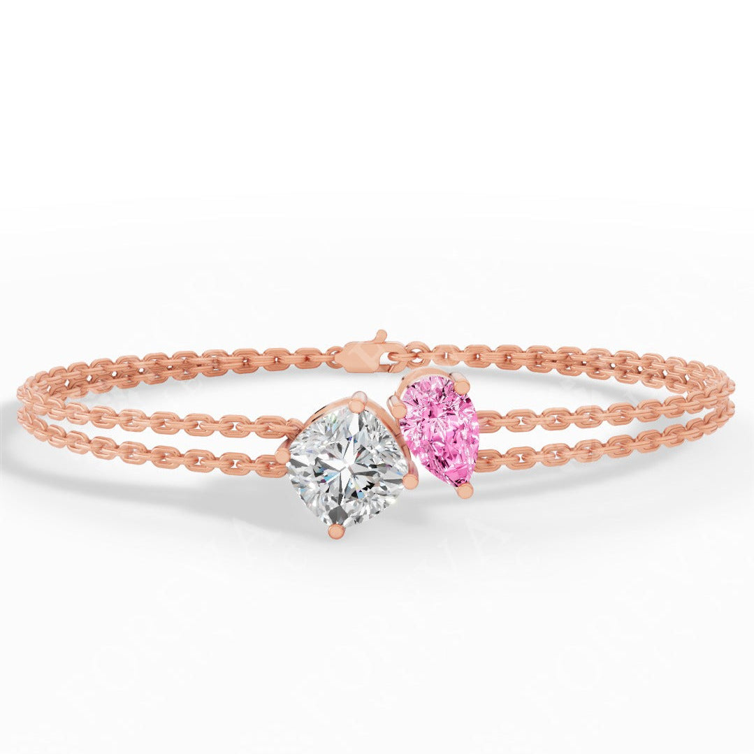 Toi Et Moi Two Tone Cushion With Pink Pear Cut Lab Grown Diamond Delicate Double-Strand Bracelet rose gold