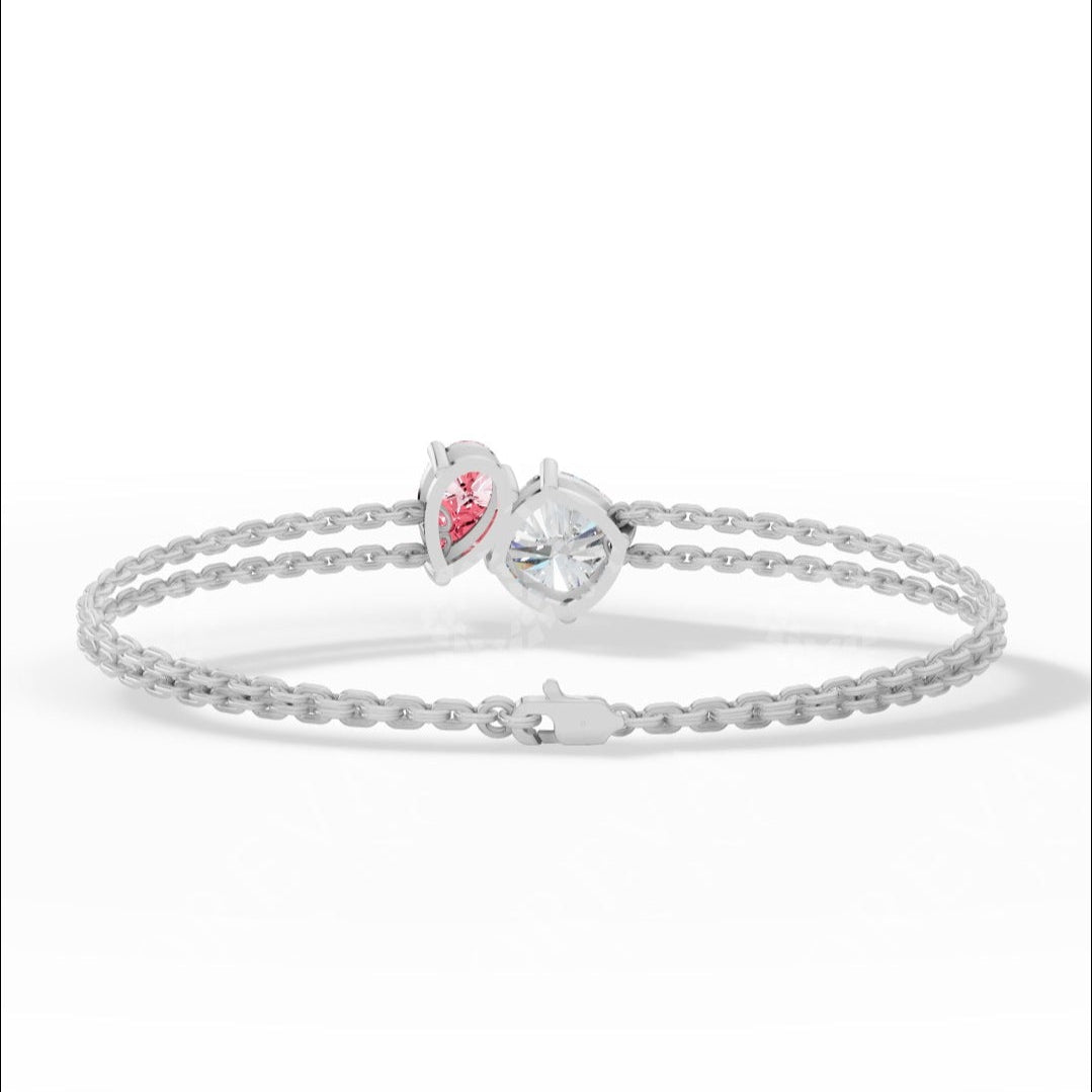 Toi Et Moi Two Tone Cushion With Pink Pear Cut Lab Grown Diamond Delicate Double-Strand Bracelet white gold back