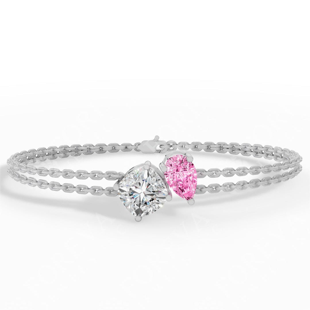 Toi Et Moi Two Tone Cushion With Pink Pear Cut Lab Grown Diamond Delicate Double-Strand Bracelet