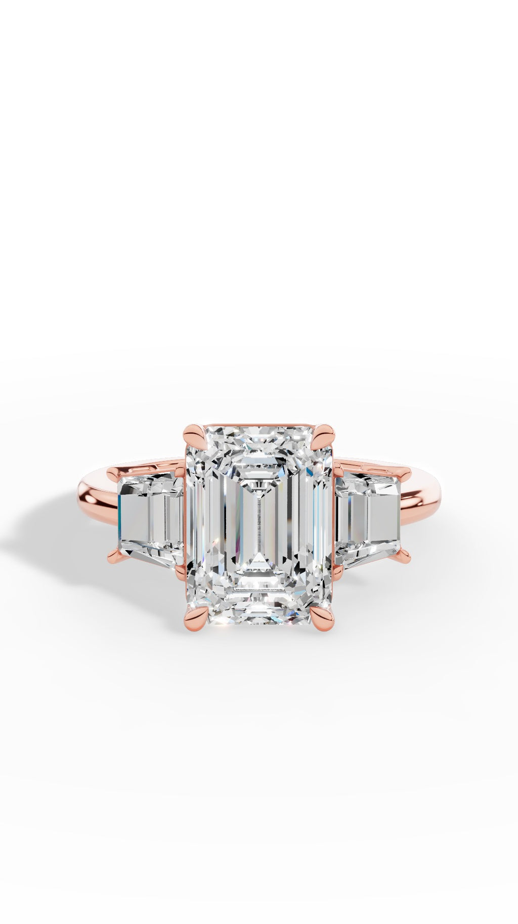 Tri Stone Emerald & Fancy Baguette Cut Ring 14K Rose Gold 5.5 CTW