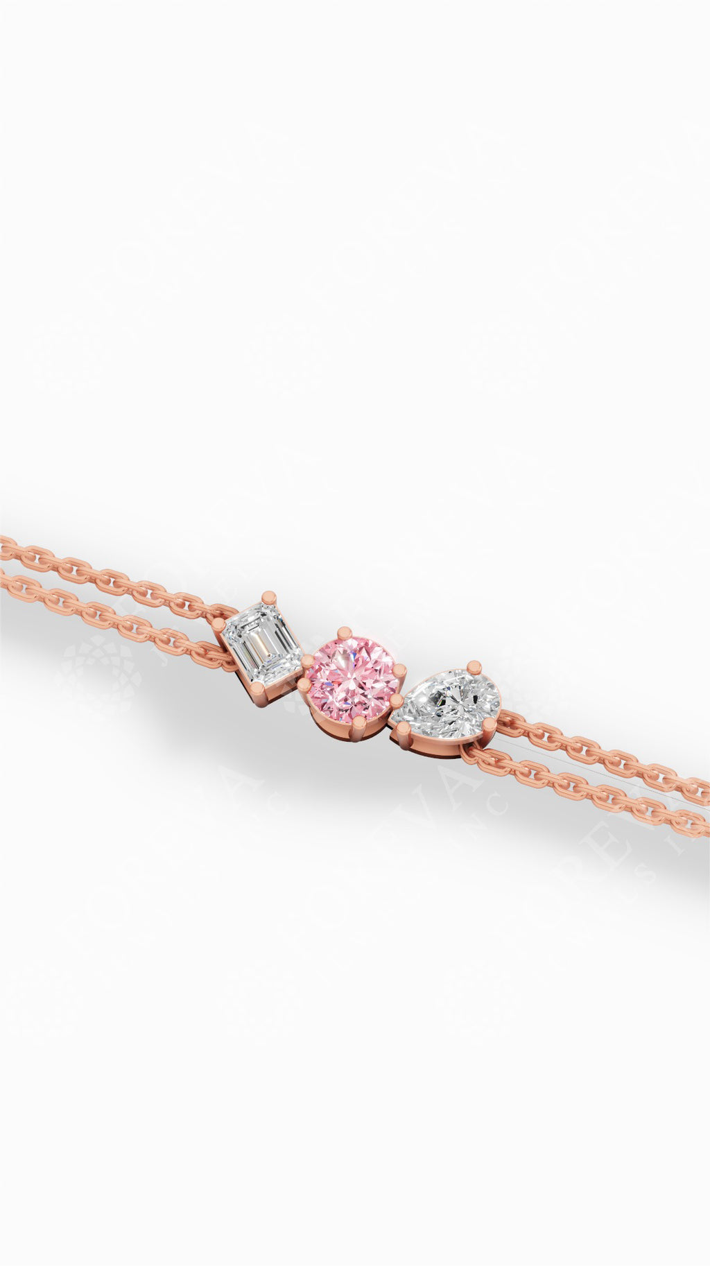 Trio Of Light Pink Rounds With Pear & Emerald Cut Delicate Double-Chain Bracelet Lab Grown Diamonds 10K Rose Gold 0.9 CTW