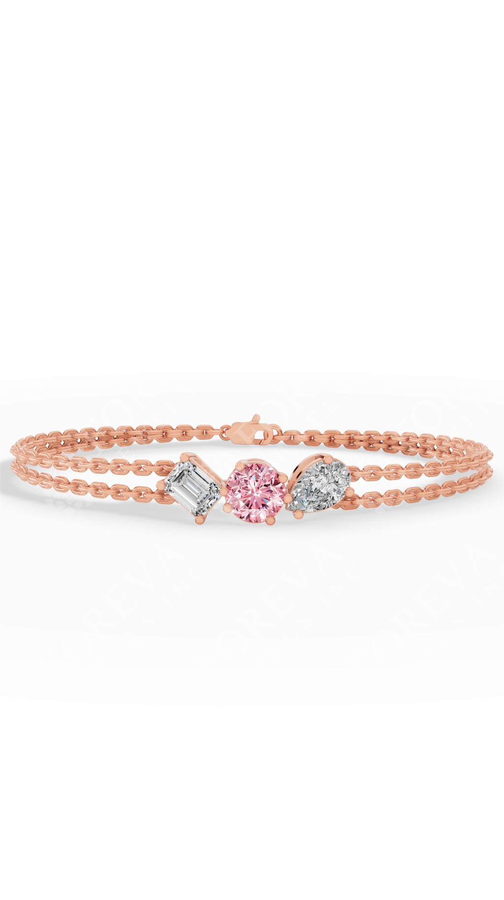 Trio Of Light Pink Rounds With Pear & Emerald Cut Delicate Double-Chain Bracelet Lab Grown Diamonds 10K Rose Gold 0.9 CTW
