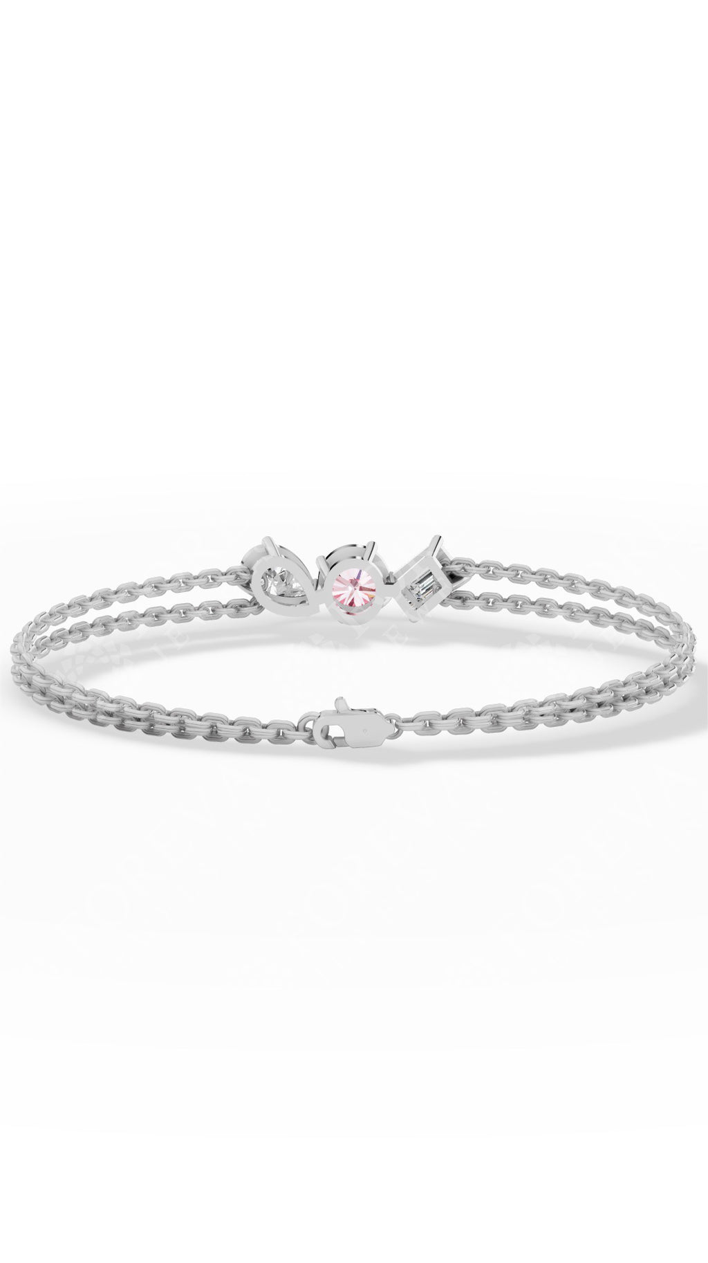 Trio Of Light Pink Rounds With Pear & Emerald Cut Delicate Double-Chain Bracelet Lab Grown Diamonds 10K White Gold 0.9 CTW