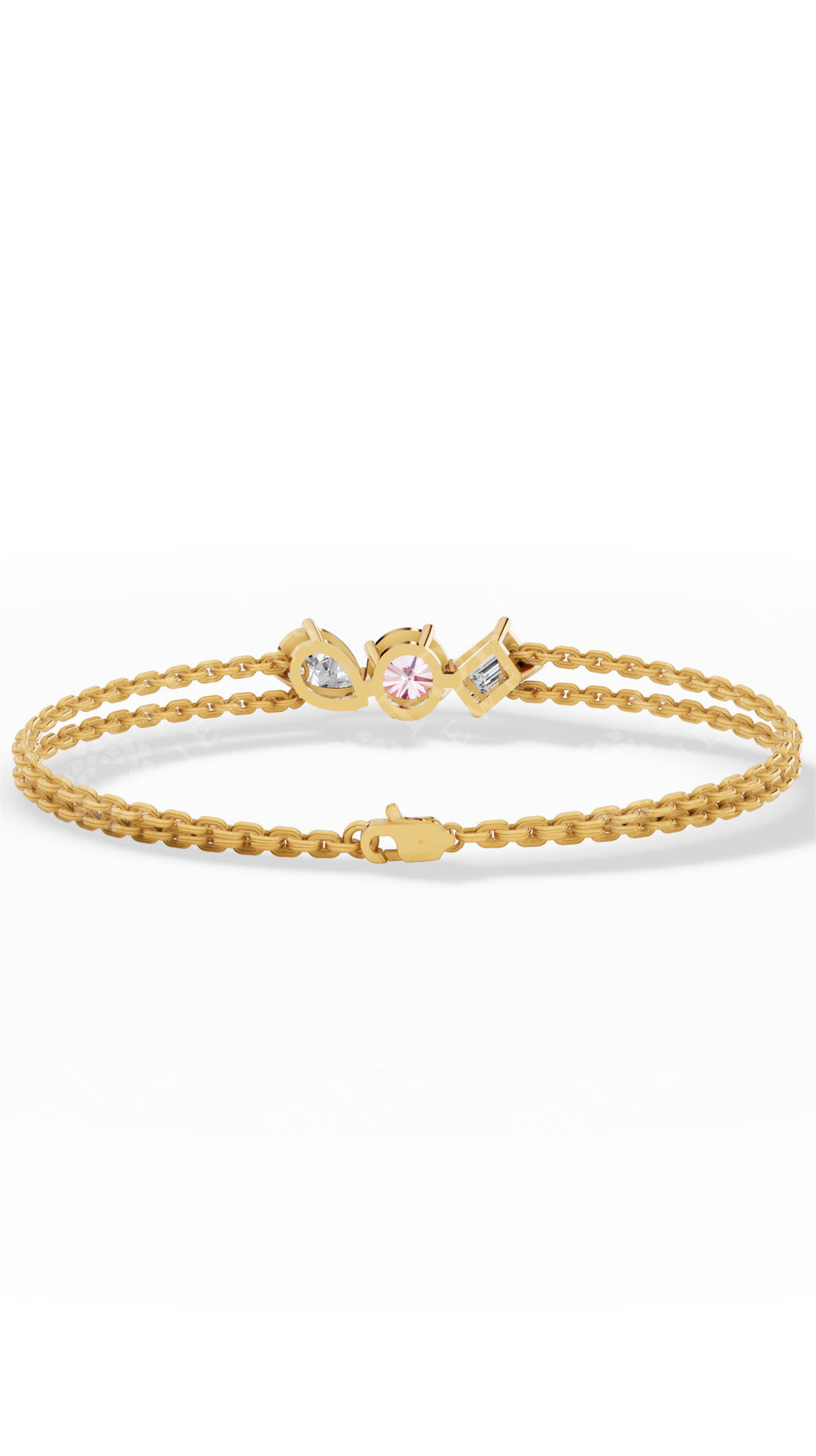 Trio Of Light Pink Rounds With Pear & Emerald Cut Delicate Double-Chain Bracelet Lab Grown Diamonds 10K Yellow Gold 0.9 CTW