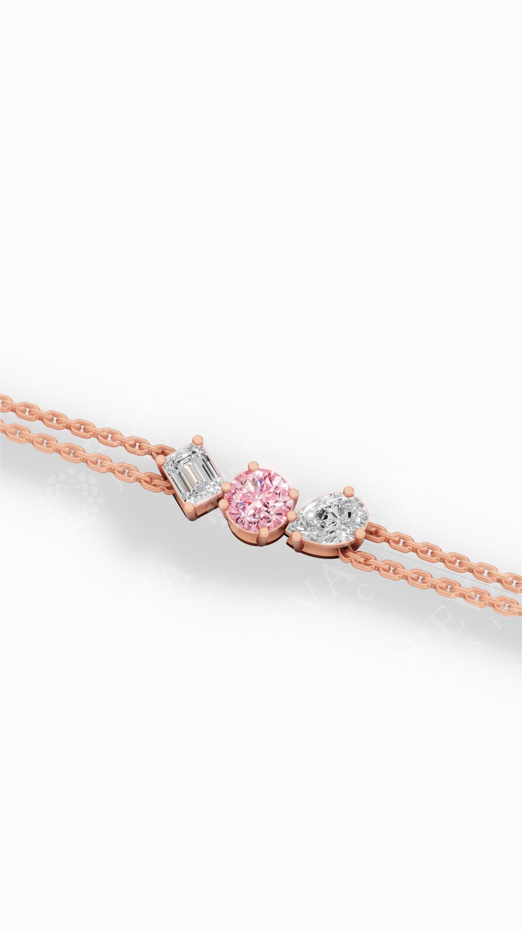 Trio Of Light Pink Rounds With Pear & Emerald Cut Delicate Double-Chain Bracelet Lab Grown Diamonds 14K Rose Gold 0.9 CTW