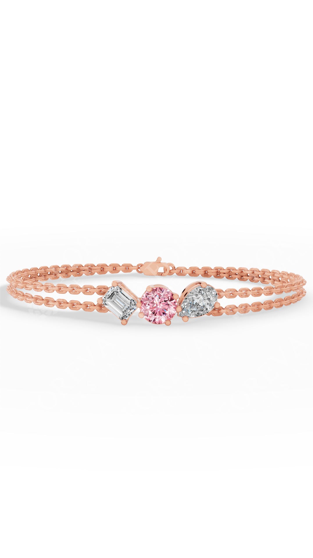 Trio Of Light Pink Rounds With Pear & Emerald Cut Delicate Double-Chain Bracelet Lab Grown Diamonds 14K Rose Gold 0.9 CTW