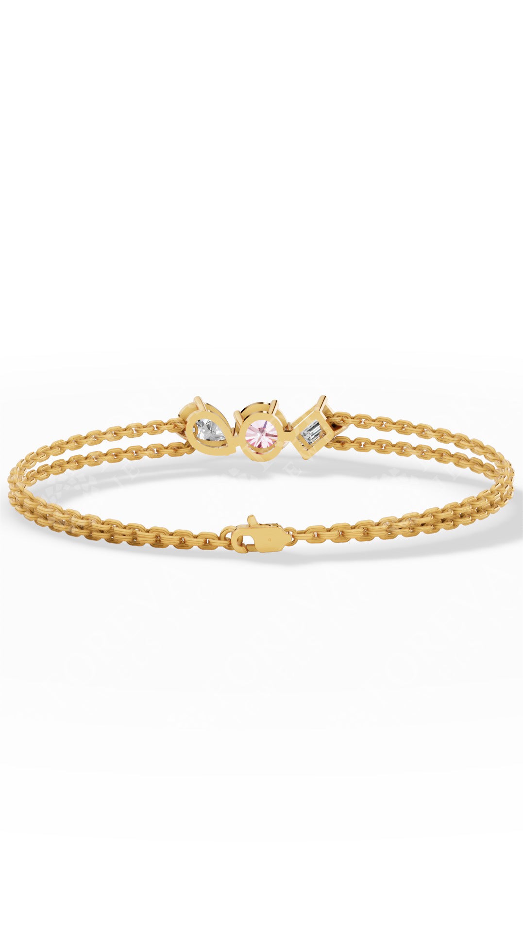Trio Of Light Pink Rounds With Pear & Emerald Cut Delicate Double-Chain Bracelet Lab Grown Diamonds 14K Yellow Gold 0.9 CTW