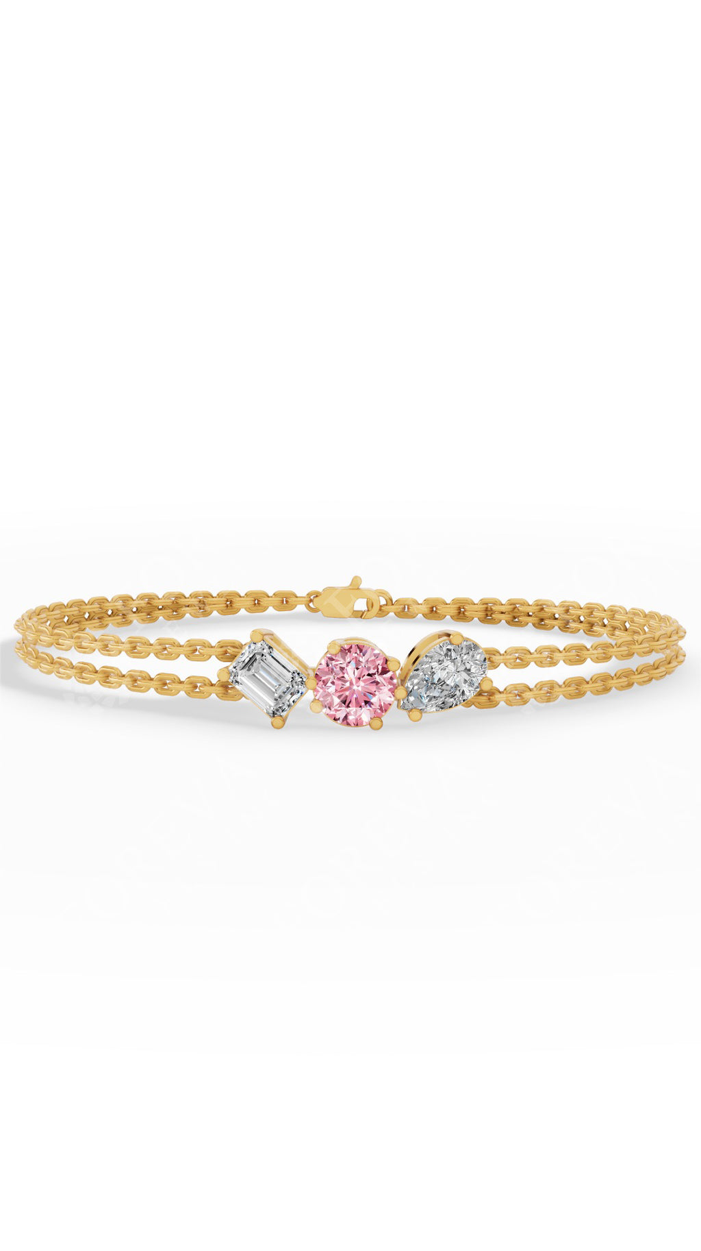 Trio Of Light Pink Rounds With Pear & Emerald Cut Delicate Double-Chain Bracelet Lab Grown Diamonds 14K Yellow Gold 0.9 CTW