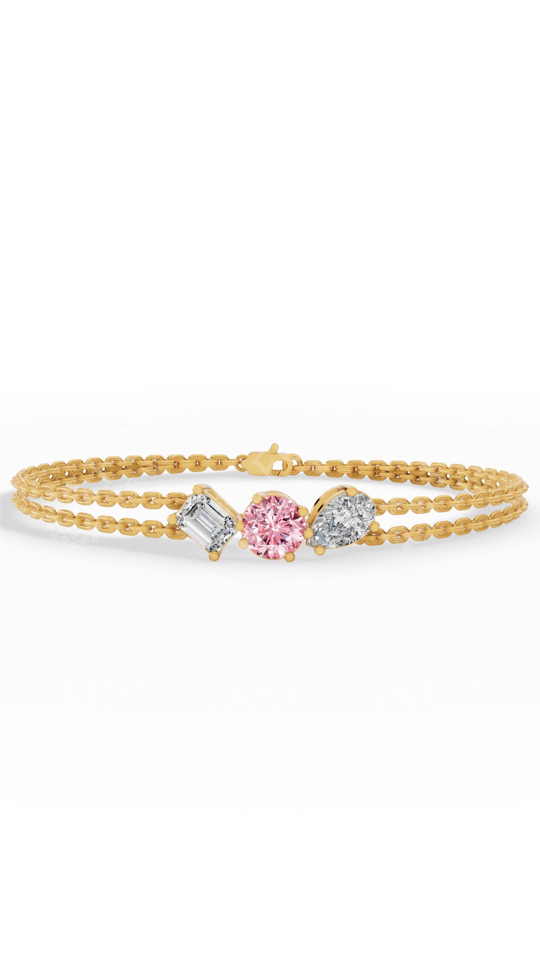 Trio Of Light Pink Rounds With Pear & Emerald Cut Delicate Double-Chain Bracelet Lab Grown Diamonds 14K Yellow Gold 0.9 CTW