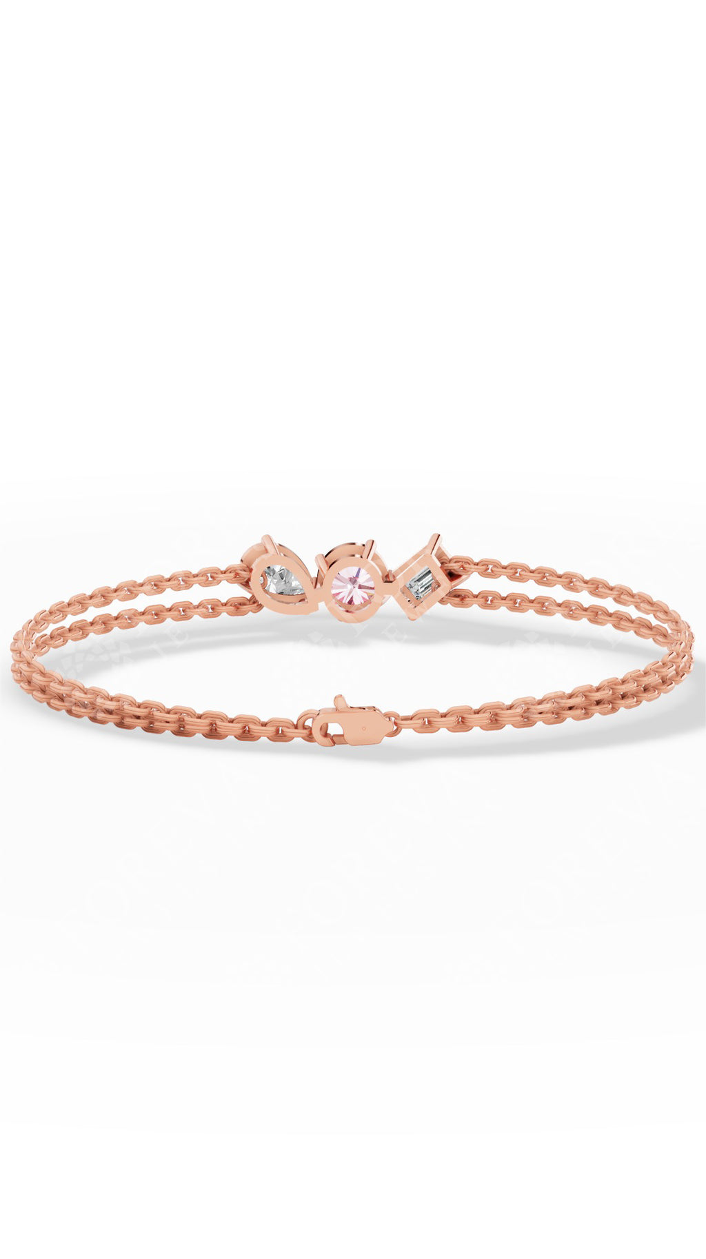 Trio Of Light Pink Rounds With Pear & Emerald Cut Delicate Double-Chain Bracelet Lab Grown Diamonds 18K Rose Gold 0.9 CTW