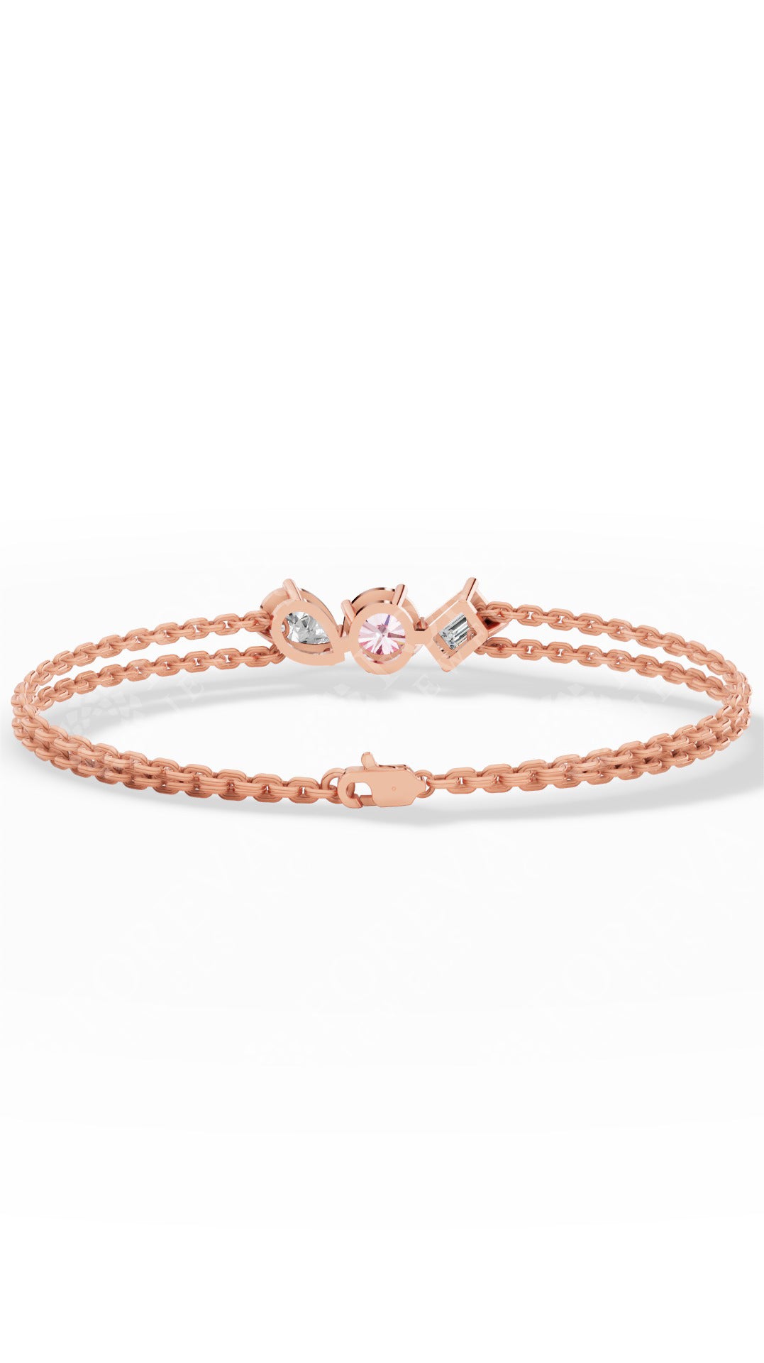 Trio Of Light Pink Rounds With Pear & Emerald Cut Delicate Double-Chain Bracelet Lab Grown Diamonds 18K Rose Gold 0.9 CTW