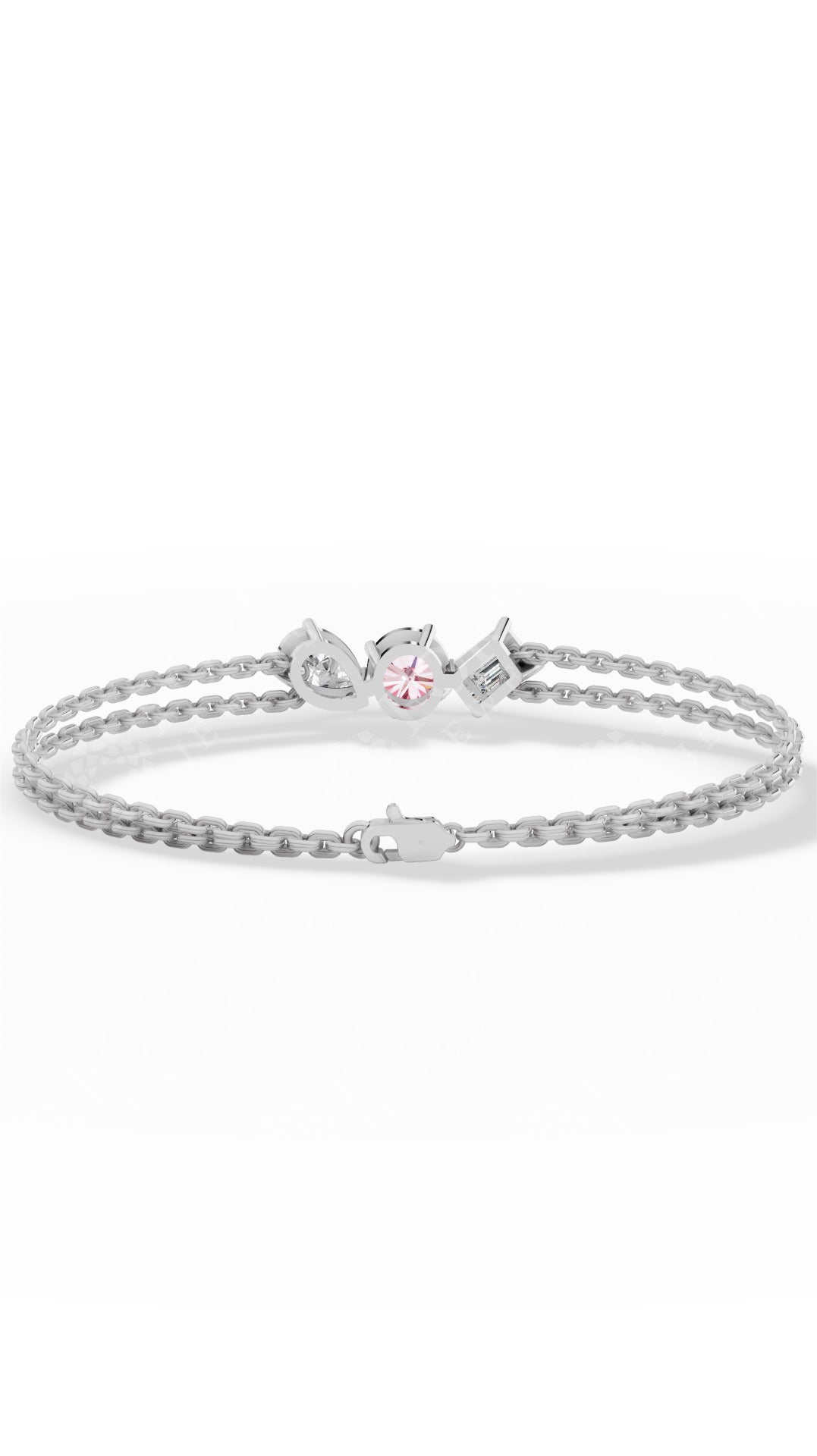 Trio Of Light Pink Rounds With Pear & Emerald Cut Delicate Double-Chain Bracelet Lab Grown Diamonds 18K White Gold 0.9 CTW