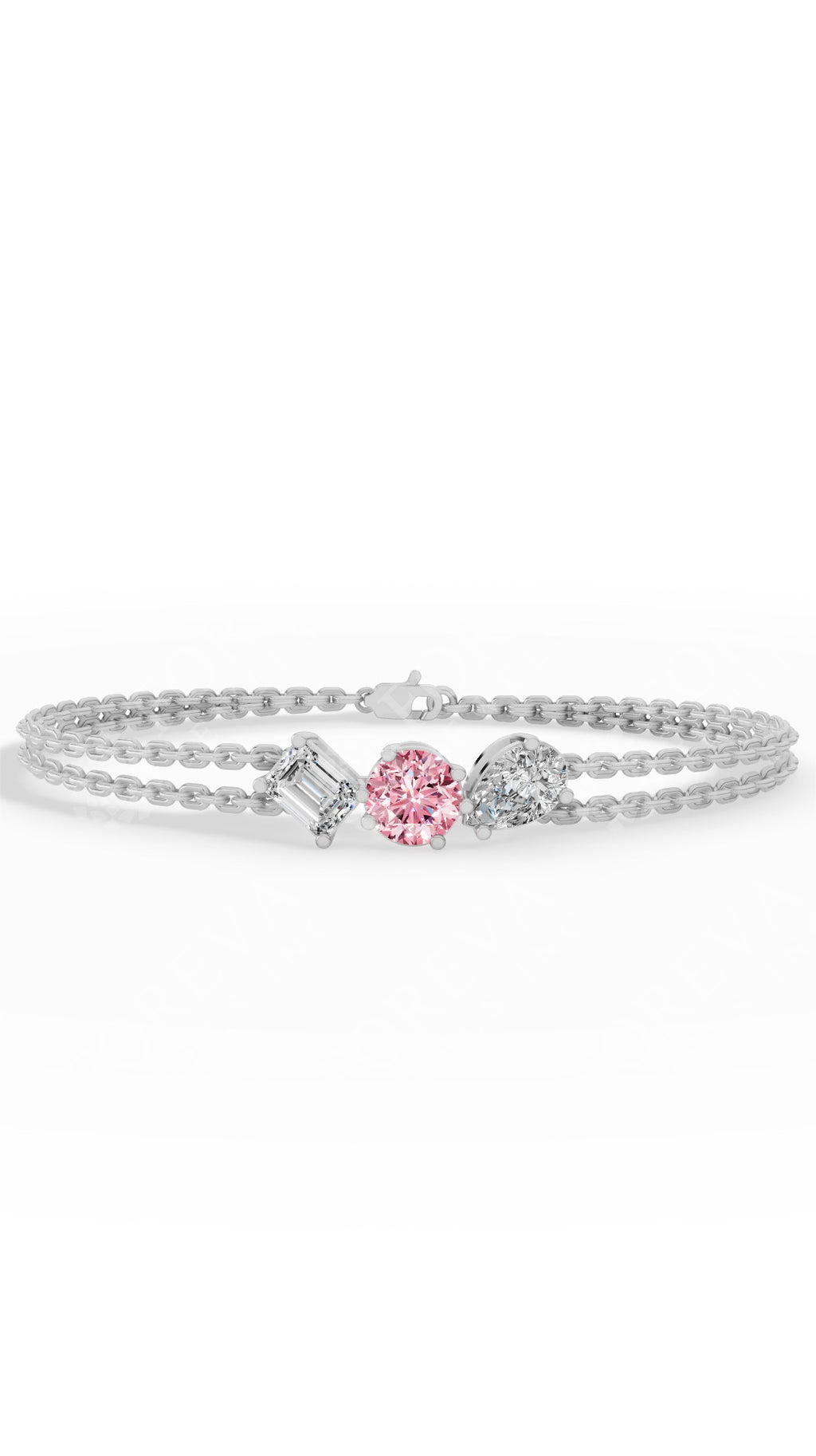 Trio Of Light Pink Rounds With Pear & Emerald Cut Delicate Double-Chain Bracelet Lab Grown Diamonds 18K White Gold 0.9 CTW