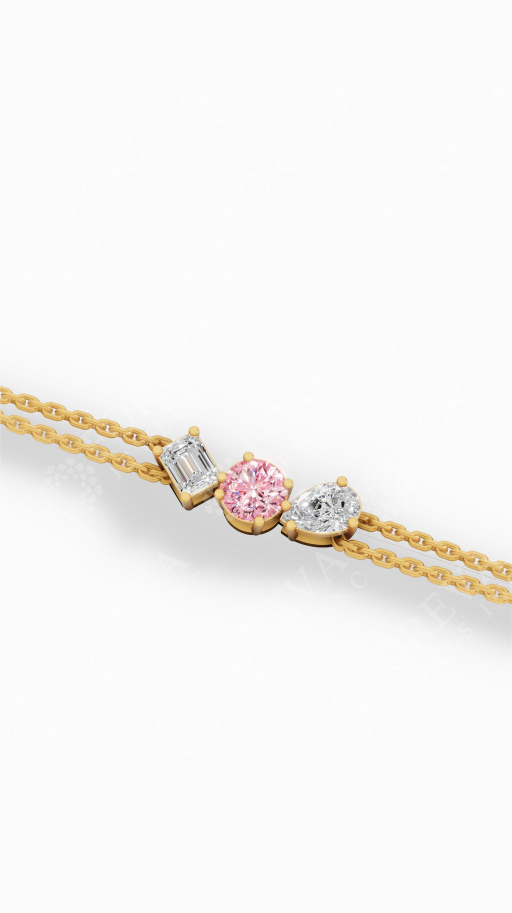 Trio Of Light Pink Rounds With Pear & Emerald Cut Delicate Double-Chain Bracelet Lab Grown Diamonds 18K Yellow Gold 0.9 CTW