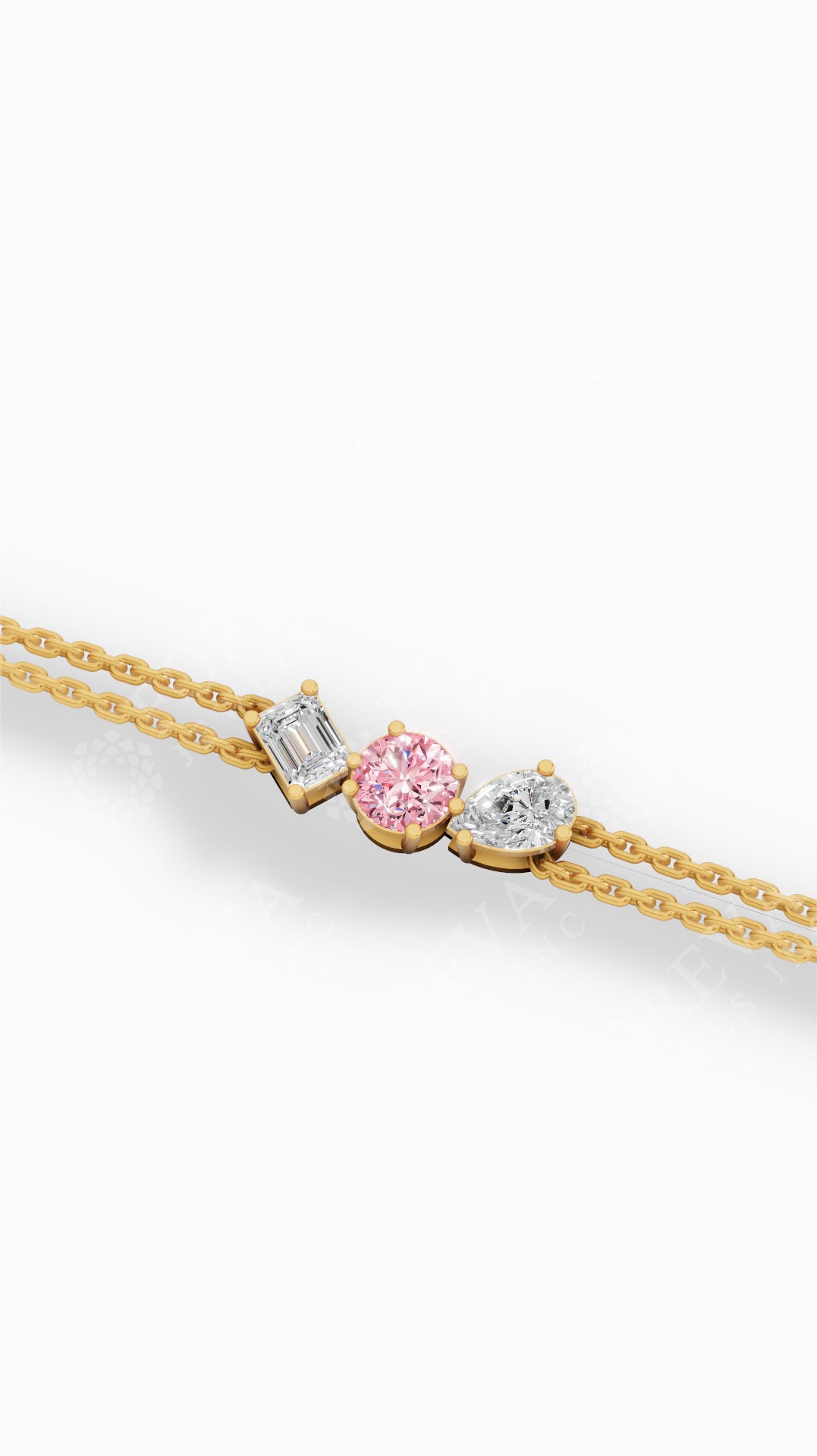 Trio Of Light Pink Rounds With Pear & Emerald Cut Delicate Double-Chain Bracelet Lab Grown Diamonds 18K Yellow Gold 0.9 CTW